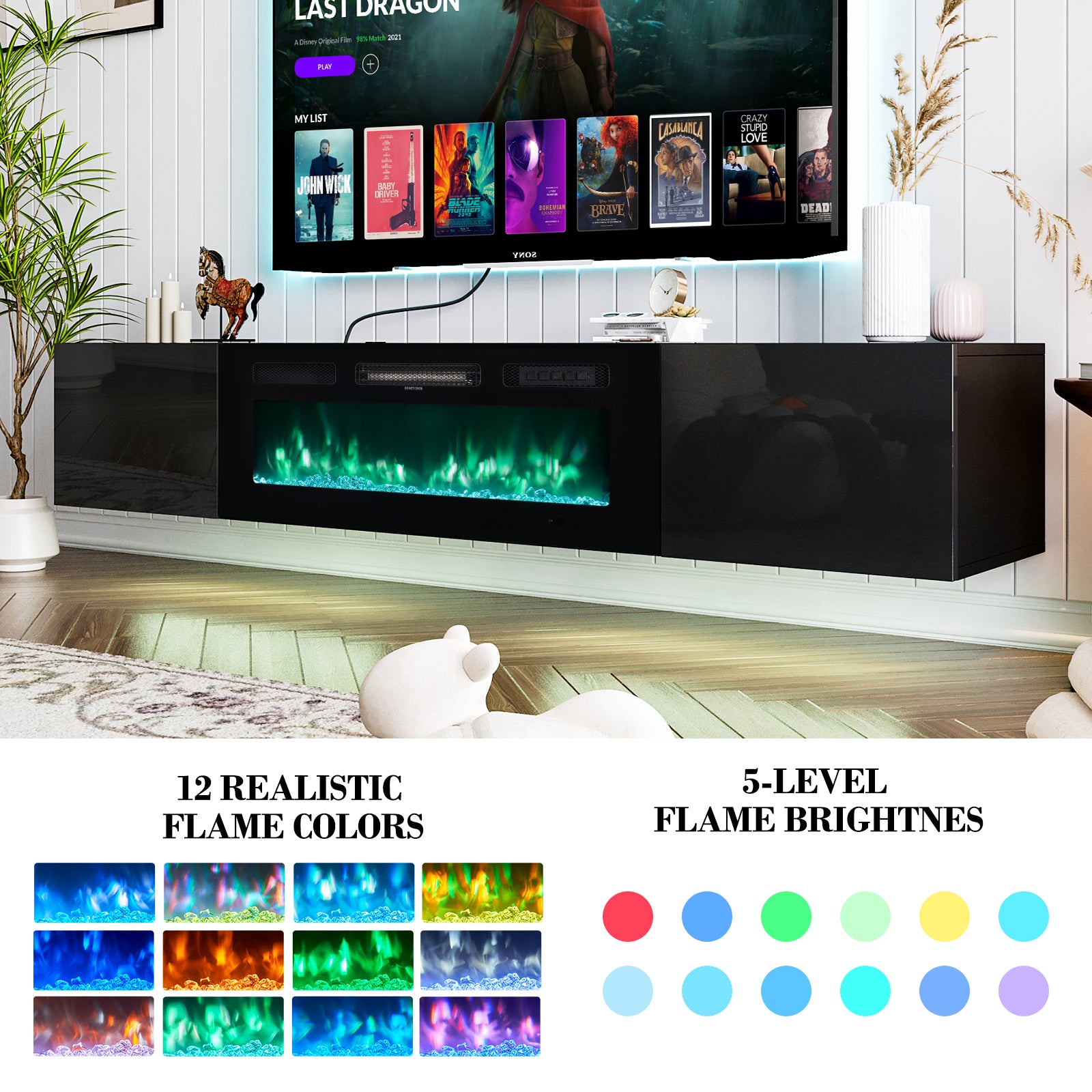 Floating Fireplace TV Stand for TVs up 80", Wall Mounted Fireplace Entertainment Center with 12 LED Colors, 70'' Console Table with Electric Fireplace, Black