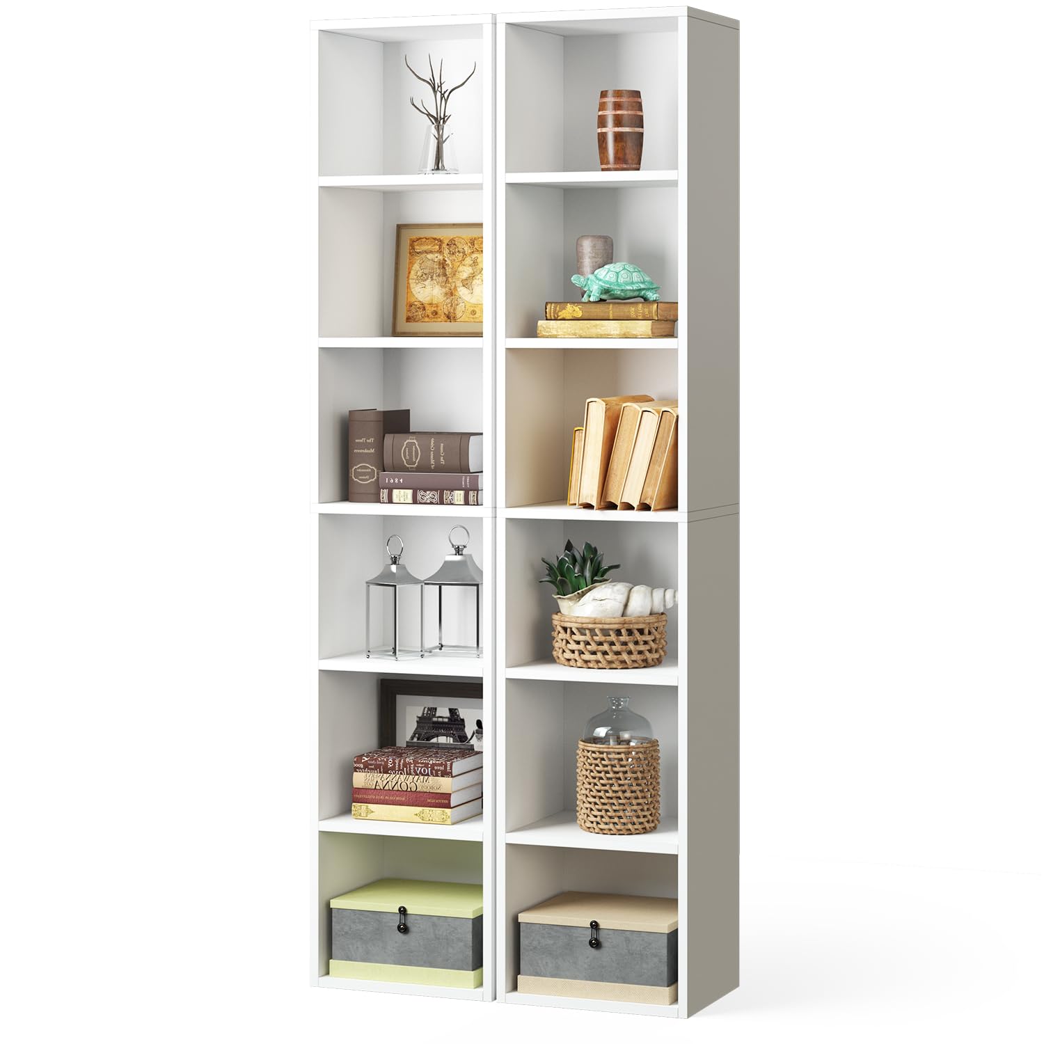 Oneinmil Tall Narrow Bookshelf Set of 2,6-Tier Cube Display Rack, Modern Corner Bookshelf with Storage Space, Storage Cabinet for Home Office,White