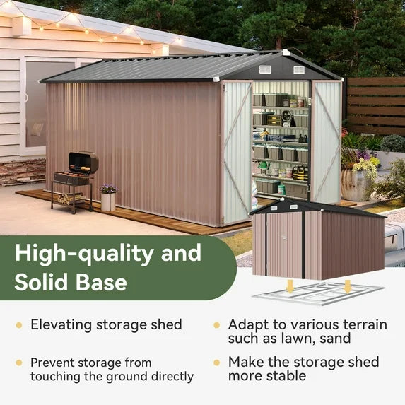 8x12 ft Outdoor Storage Shed, Steel Garden Shed, Brown(Floor included)