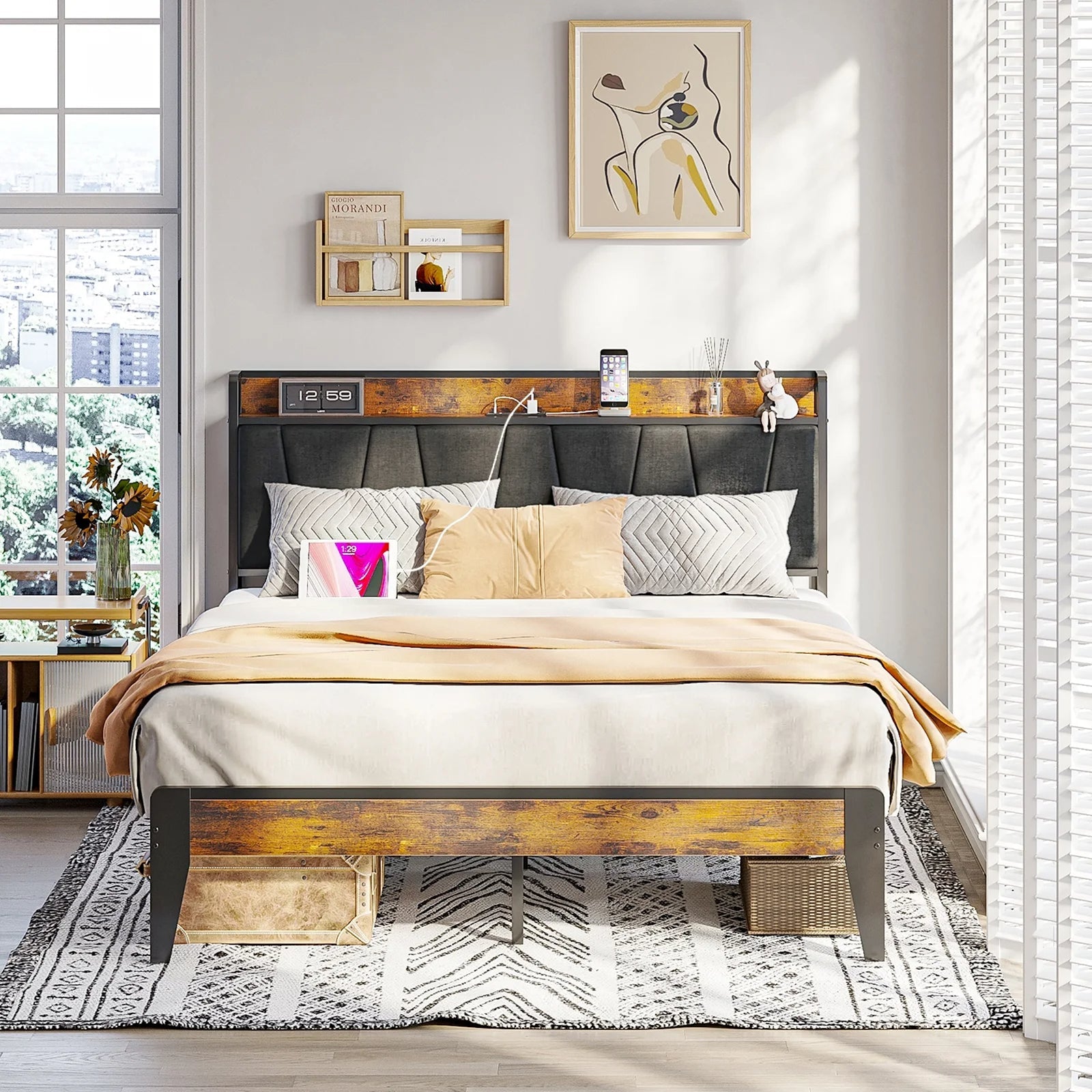 Queen Size Bed Frame Platform with Upholstered Headboard, 2 Charging Station and Outlets & USB, Rustic Brown