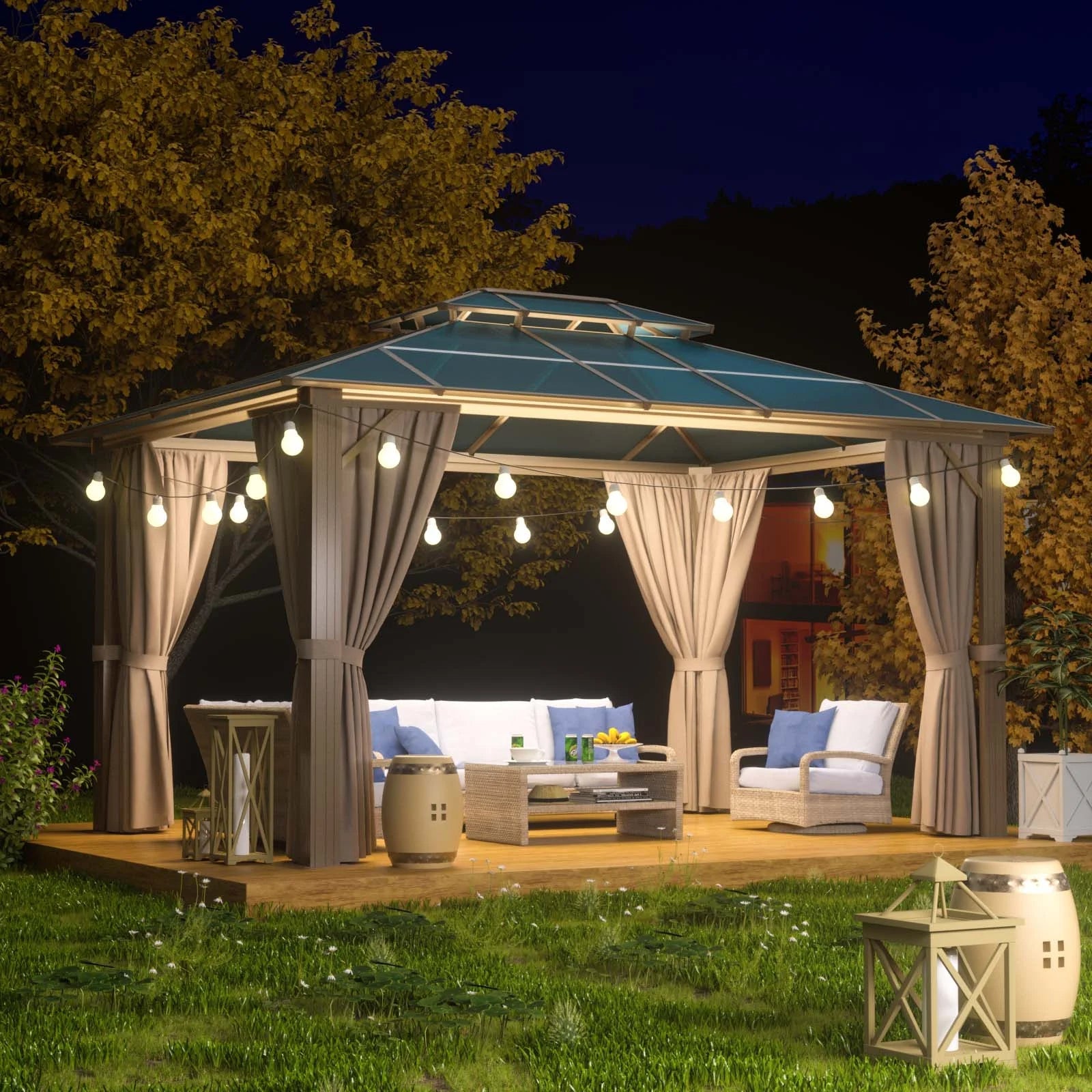 10'x12' Hardtop Gazebo, Outdoor Polycarbonate Double Roof Canopy, Aluminum Frame Permanent Pavilion with Curtains and Netting, Sunshade for