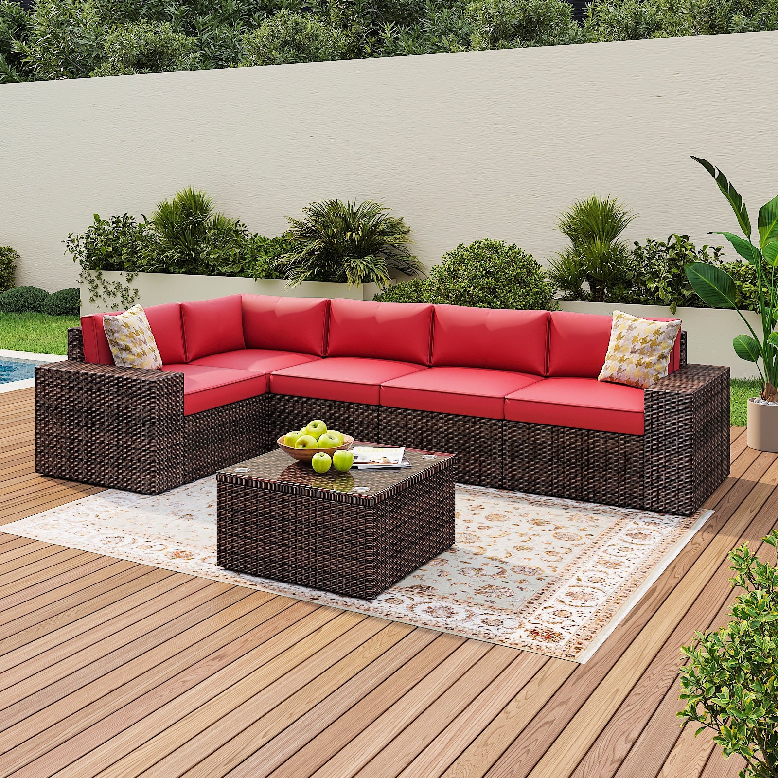 6 Pieces Outdoor Patio Furniture Sets, PE Rattan Wicker Sectional Sofa with Coffee Table for Lawn, Backyard,Balcony, Red