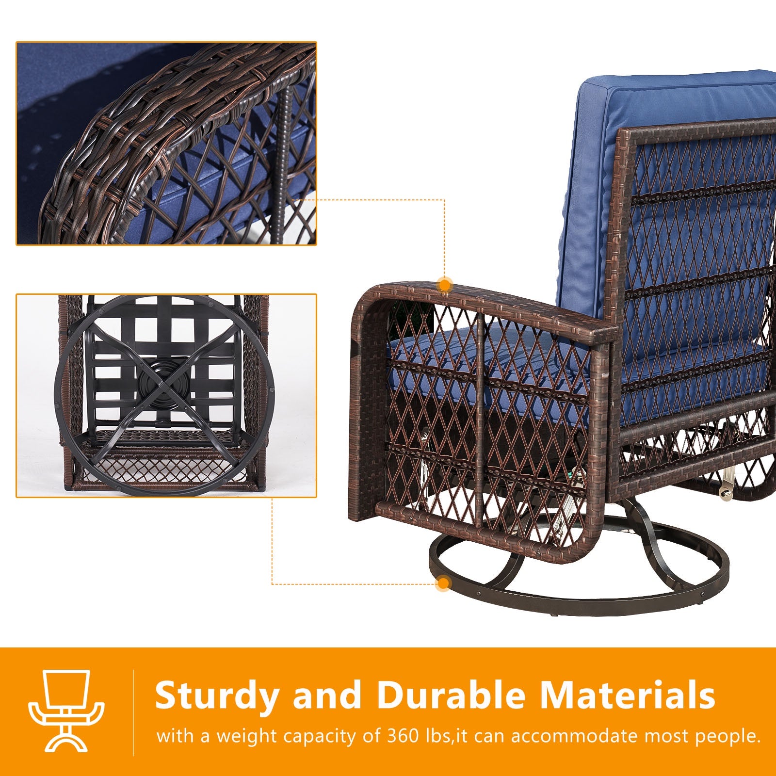 3 Pcs Patio Furniture Set, 360 Degree Swivel Rocking Chairs, Wicker Bistro Set with Glass Top Side Table, Beige