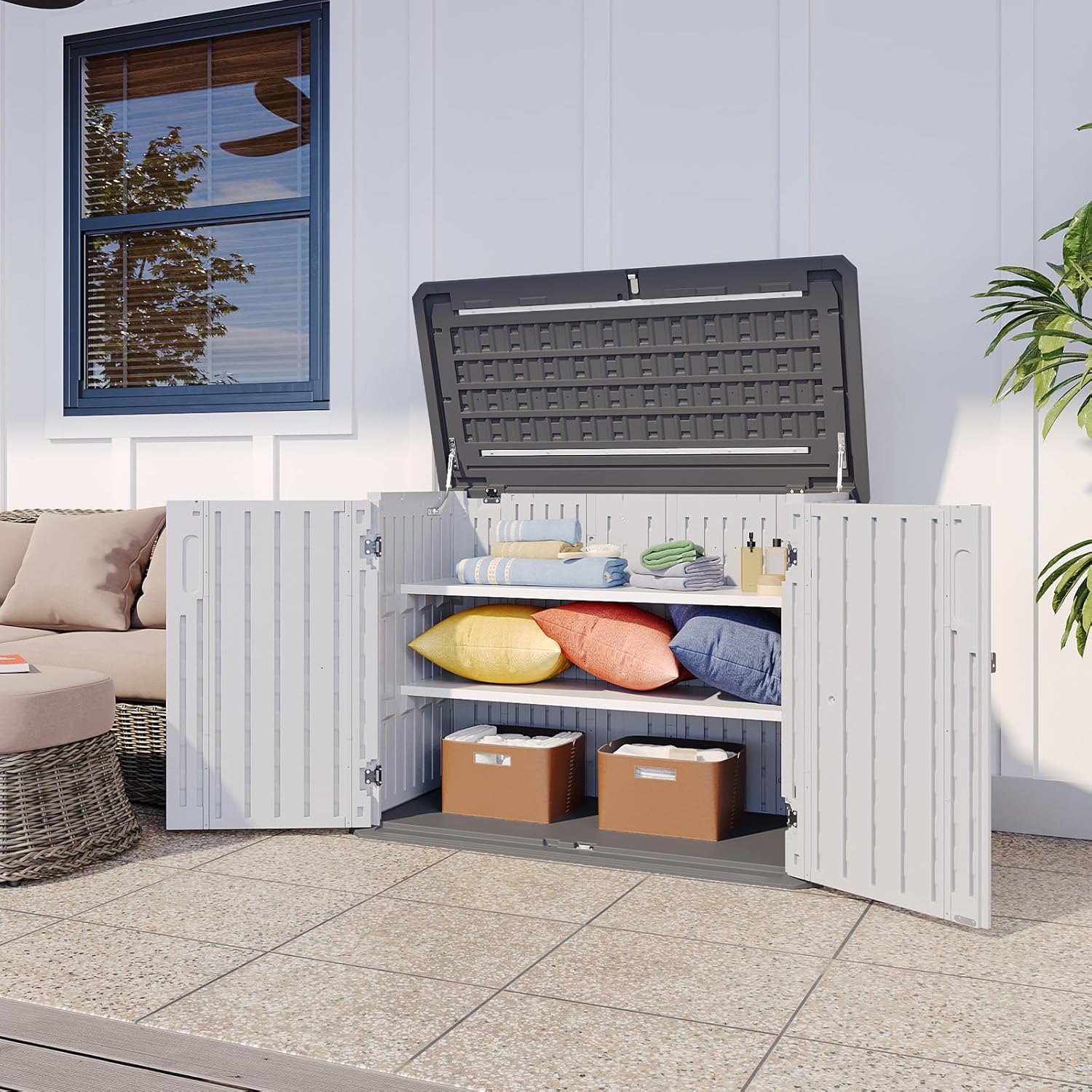 Aoxun White Outdoor Storage Cabinet with 2 Shelves, 35 Cu.Ft Trash Can Storage Shed, Waterproof, Horizontal Storage for Garbage Bin, Generator, Lawn Mower