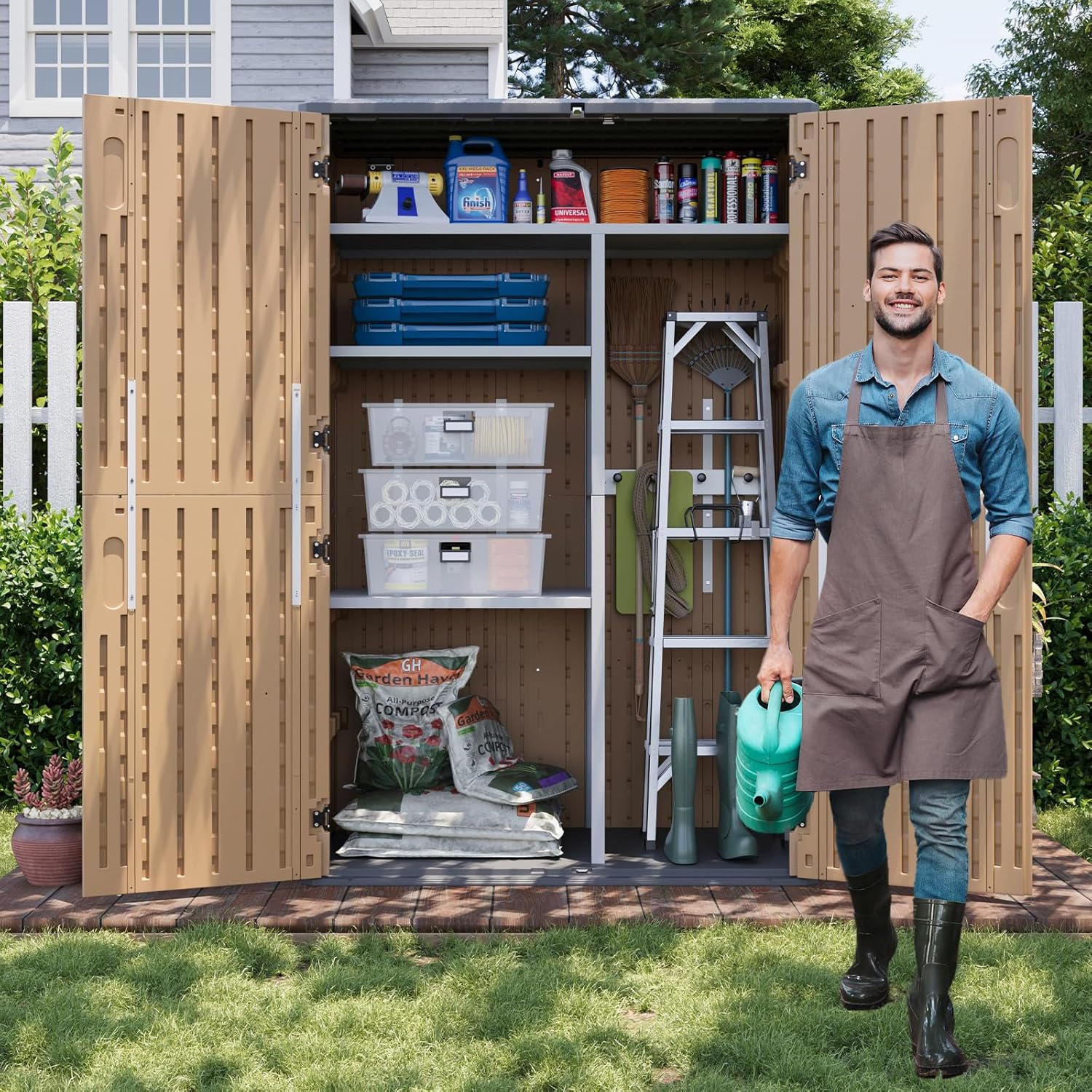 Aoxun Outdoor Storage Shed with Floor, 64 Cu.Ft Large Outdoor Storage Cabinet, Waterproof Vertical Resin Shed for Garden Tools, Pool Equipment, Brown