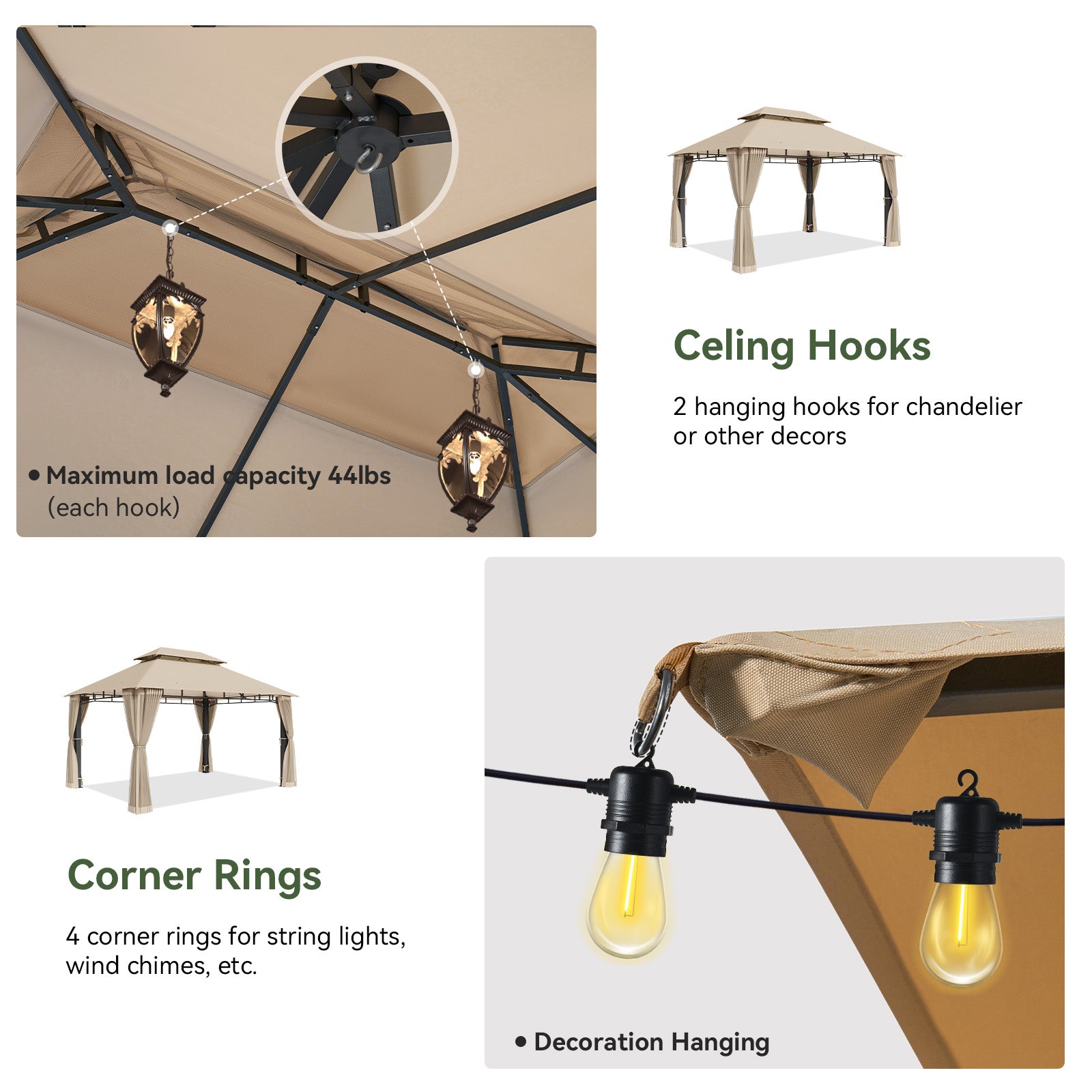 Outdoor Gazebo for Patio 10x13, Metal Frame Canopy with Double Roofs, Heavy Duty Party Tent and Shelter with Mosquito Nettings for Backyard, Lawn, Garden,Beige