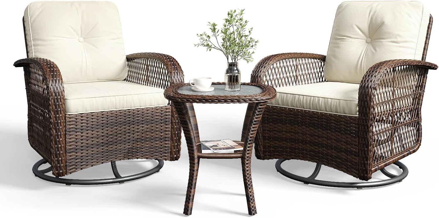 3 pcs Swivel Rocking Chairs & Tempered Glass Table Set