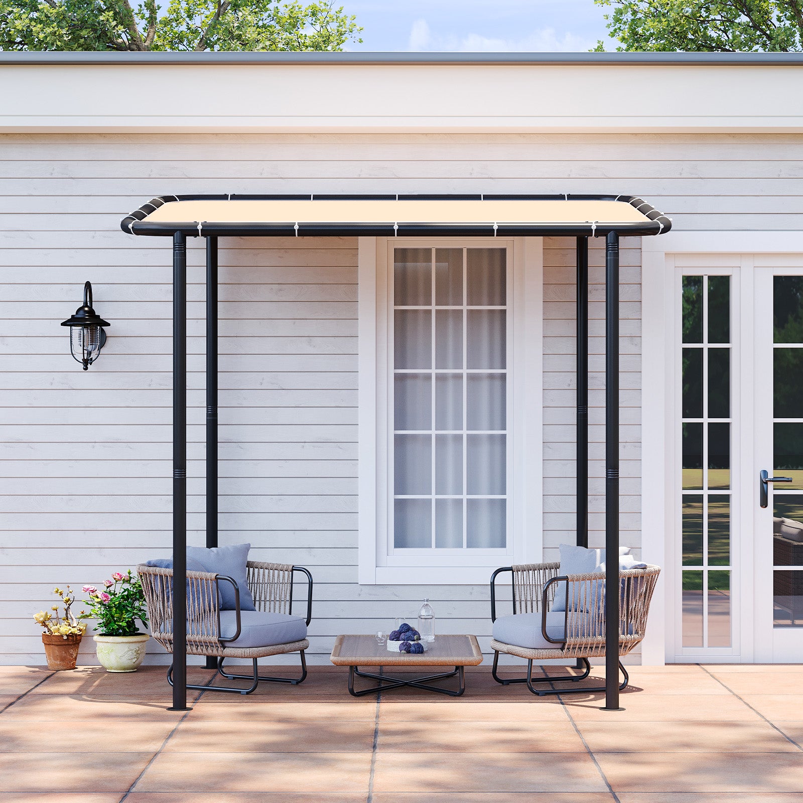 Aoxun 8x5 Lean to Gazebo Outdoor Pergola with Water Resistant & UV-Resistant, Wall-Mounted Canopy with Sloped Roof for Backyard, Deck, Patio or Garden Khaki