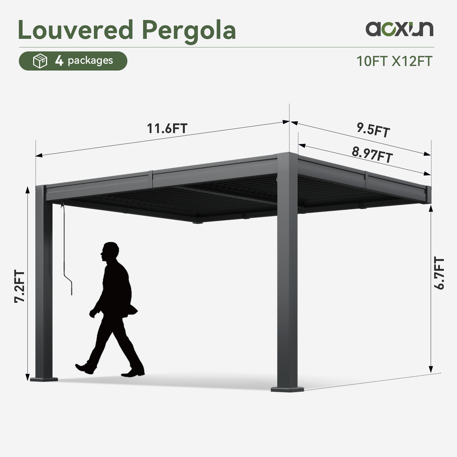 Aoxun Wall Mounted Pergola 10 x 12, Lean to Gazebo with Adjustable Louvers | Secure Wall Attachment, Galvanized Steel Rust-Resistant Frame, Built-In Drainage System for Patio, Deck & Backyard