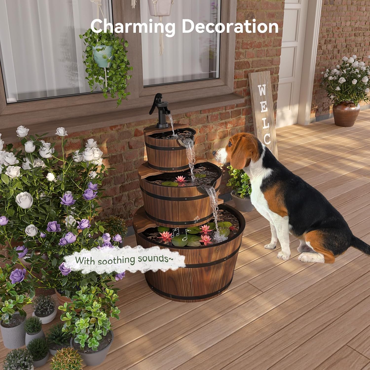 Outdoor Water Fountain, Wood Barrel Cascading with Electric Decorative Hand Pump, Rustic Waterfall Fountain for Garden, Backyard, Patio, Porch, Yard