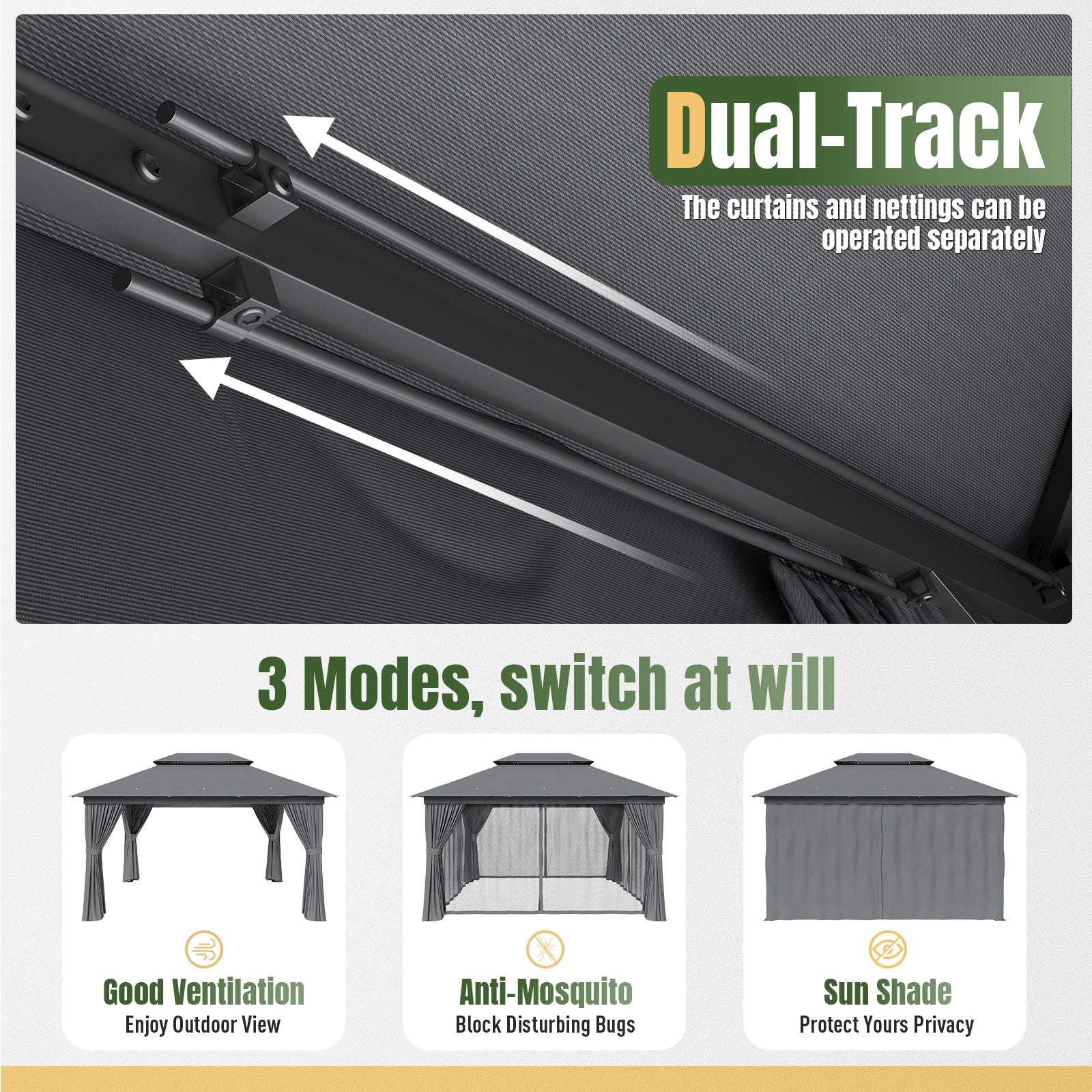 10'x13'Outdoor Gazebo,Double Roofs Metal Frame Canopy With Privacy Curtains For Backyard,Lawn,Garden,Dark Gray