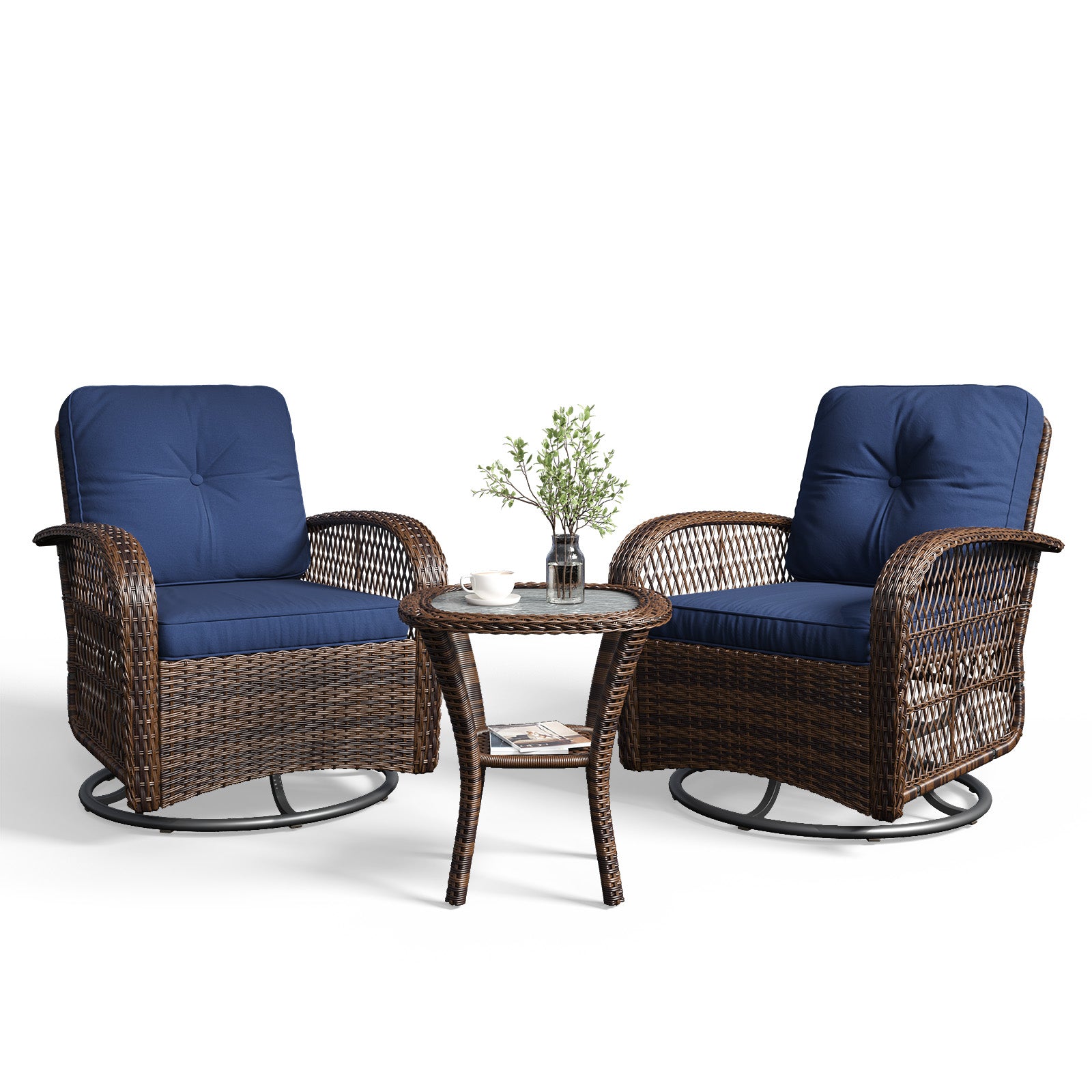 3 pcs Swivel Rocking Chairs & Tempered Glass Table Set