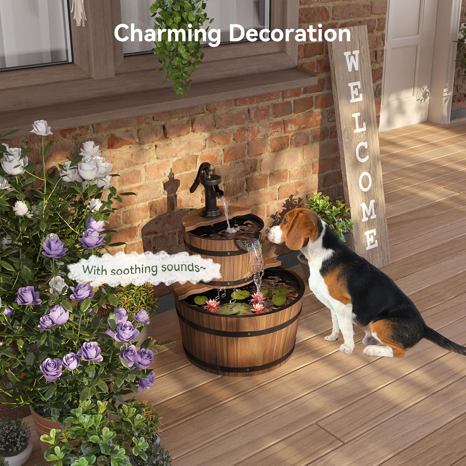 Outdoor Water Fountain, Wood Barrel Cascading with Electric Decorative Hand Pump, Rustic Waterfall Fountain for Garden, Backyard, Patio, Porch, Yard