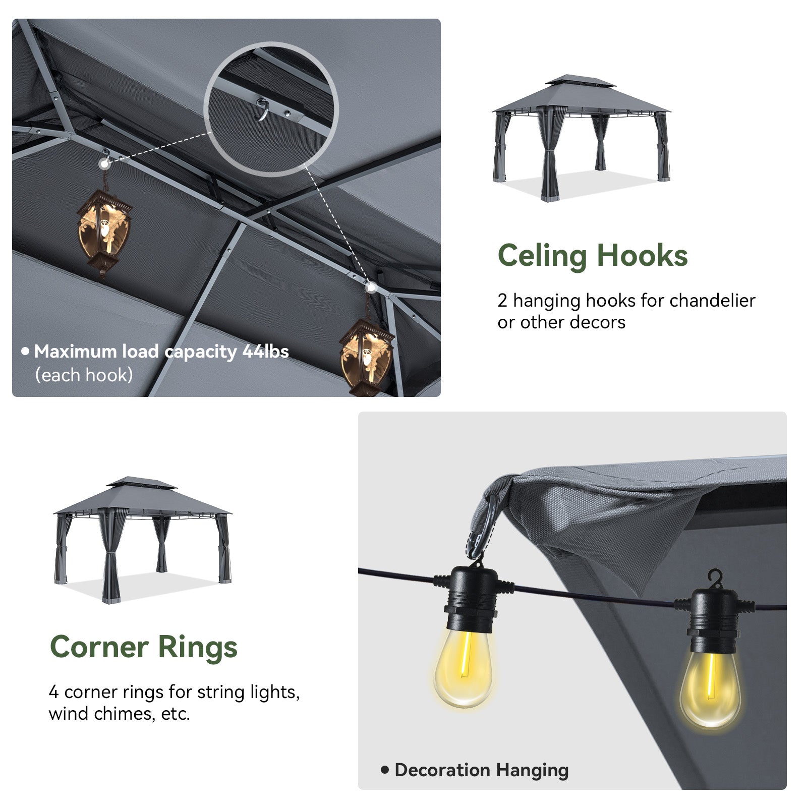 Outdoor Gazebo for Patio 10x13, Metal Frame Canopy with Double Roofs, Heavy Duty Party Tent and Shelter with Mosquito Nettings for Backyard, Lawn, Garden,Gray