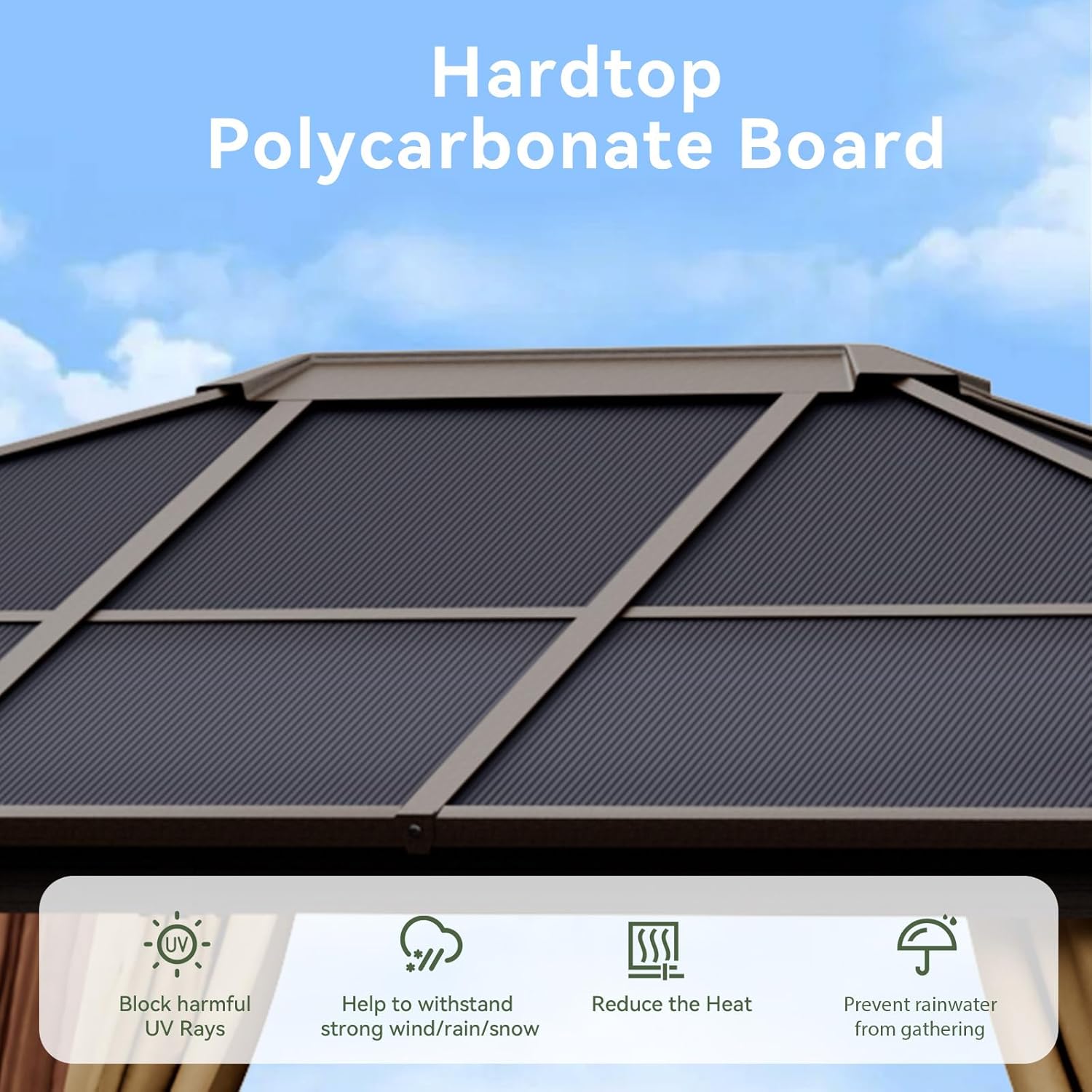 Aoxun 10' x 12' Gazebo Single Polycarbonate Top, Outdoor Aluminum Frame Permanent Gazebo with Curtains and Netting, for Patio, Party, Backyard, Garden and Lawn