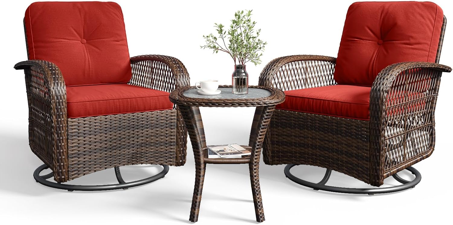 3 pcs Swivel Rocking Chairs & Tempered Glass Table Set