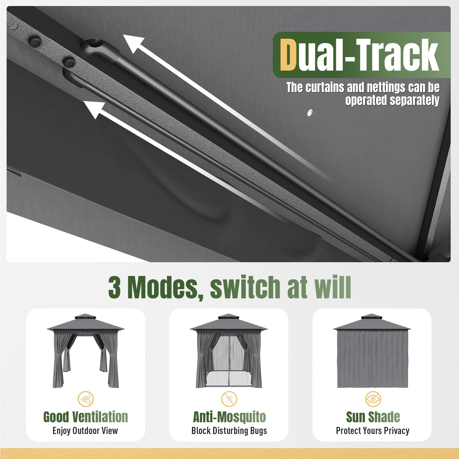 Outdoor Gazebo for Patio 8x8, Metal Frame Canopy with Double Roofs, Heavy Duty Party Tent and Shelter with Mosquito Netting and Privacy Screen for Backyard, Lawn, Garden, Deck (Grey)