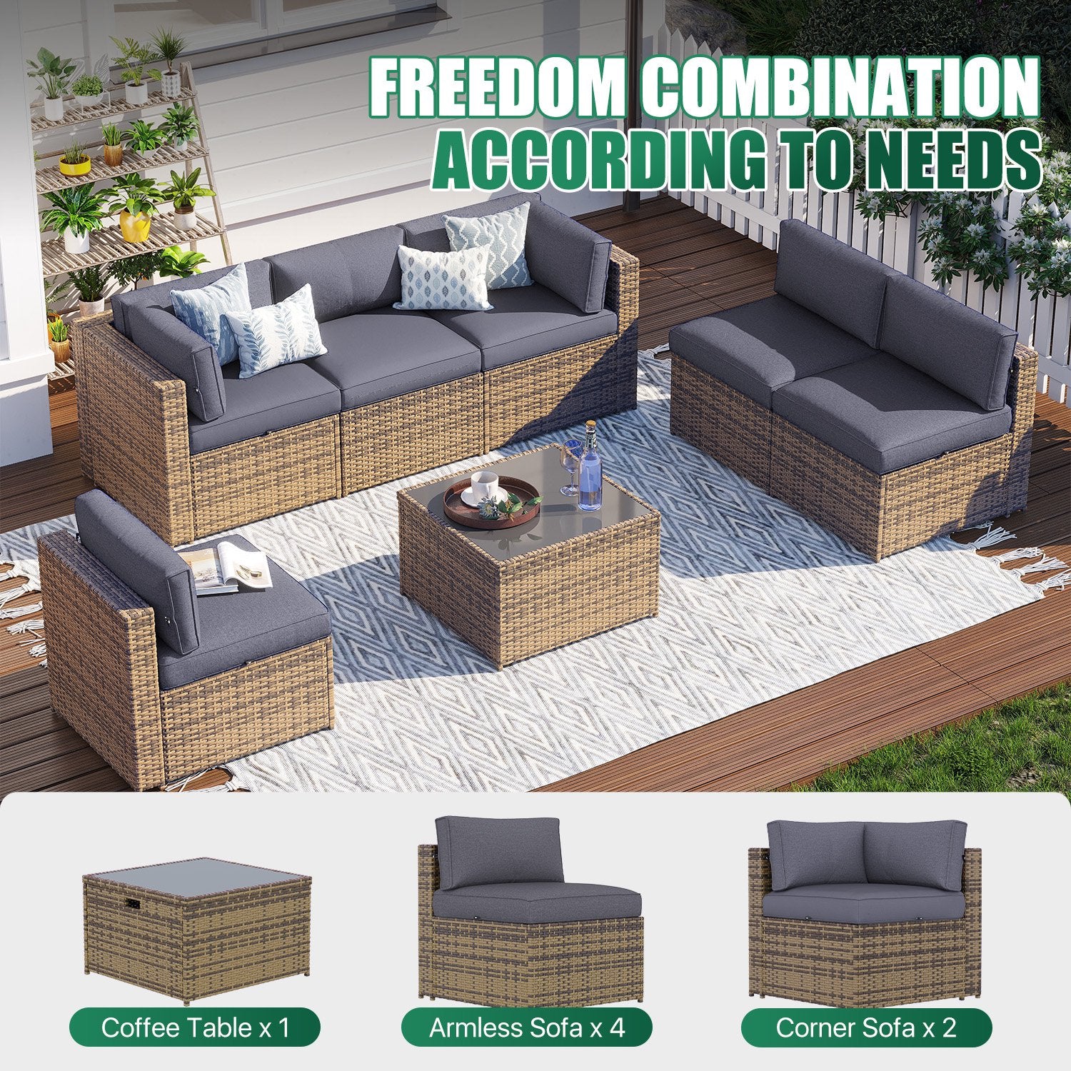 Clouddwell 7 Piece Patio Furniture Set Wicker Rattan Patio Conversation Set Outdoor Sectional Sofa Set with Coffee Table and Gray Cushions(Waterproof Cover Included)