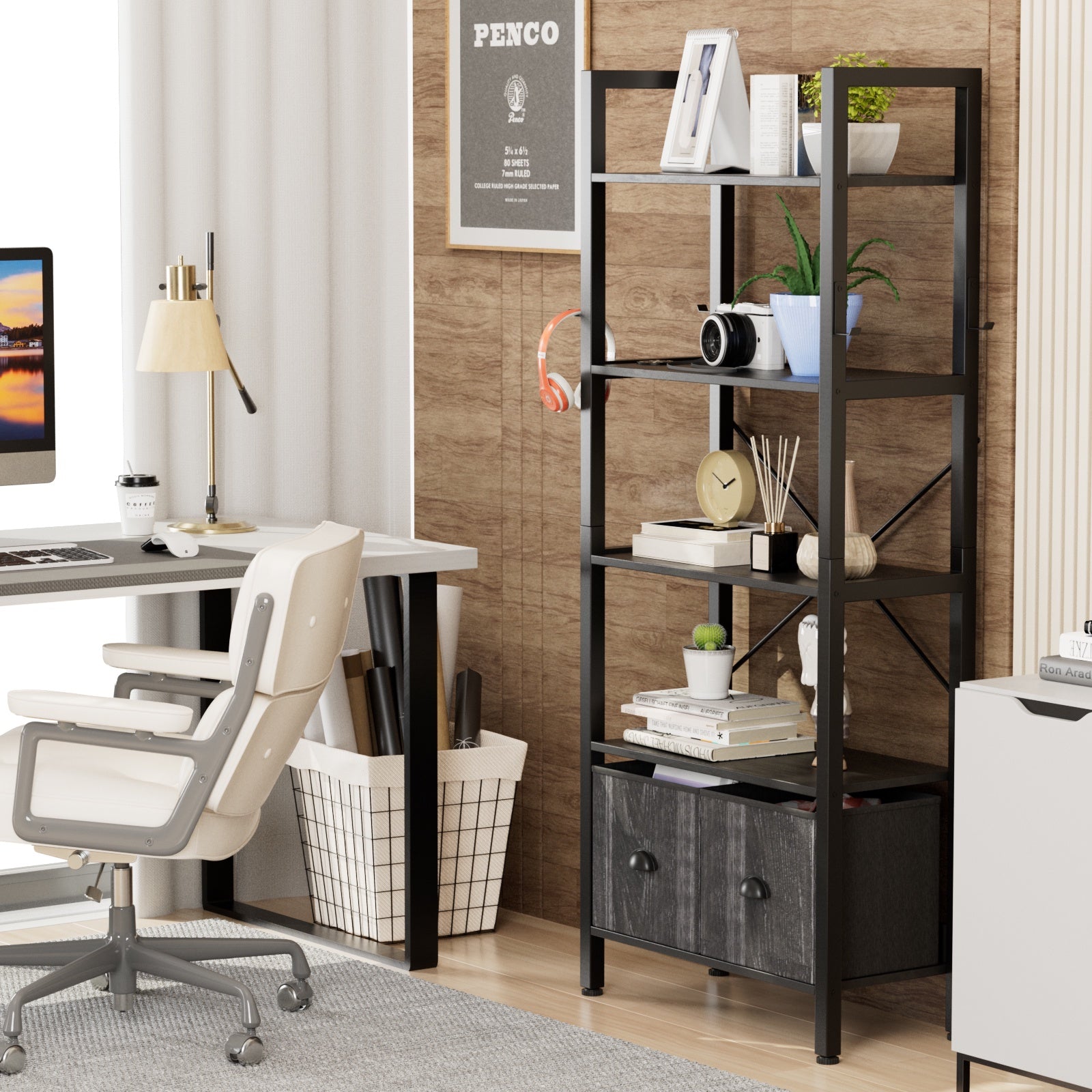 5 Shelf Bookcase with 2 Drawers, 60" Rustic Bookshef for Living Room and Home Office, Black