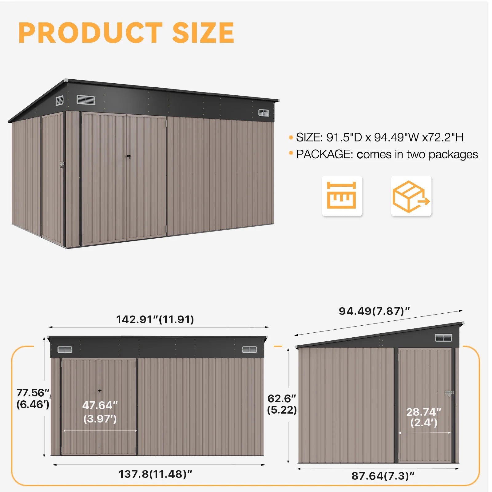 11.5'x7.3' Shed Outdoor Storage Shed with Triple Lockable Door Metal Storage