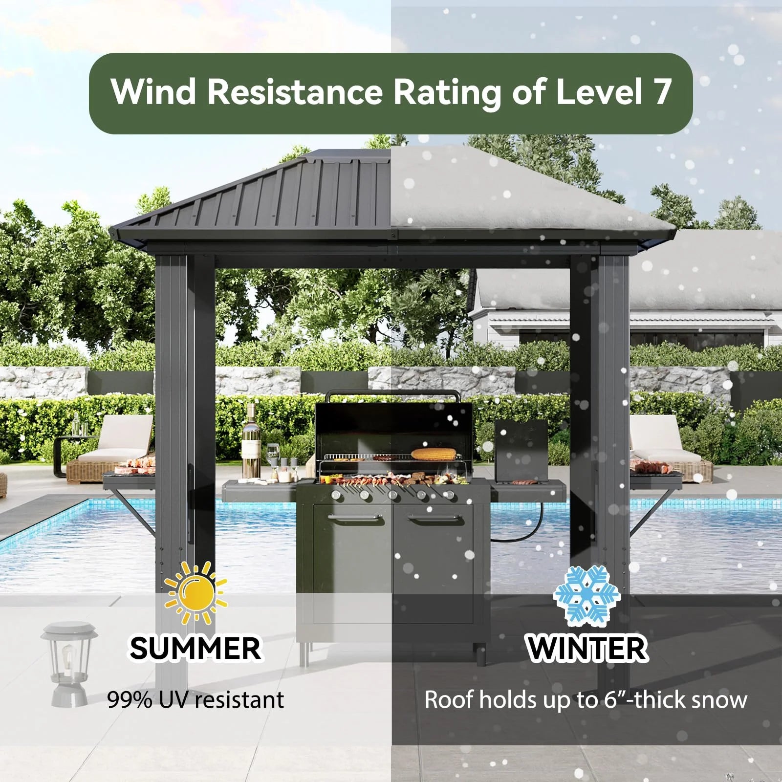 Grill Hardtop Gazebo 5 x 8 FT, Outdoor Metal Hard Top Gazebo, Permanent BBQ Gazebo with Aluminum Pavilion with Shelves, and LED Outdoor Waterproof Hanging Lights for Lawn, Garden, Patio