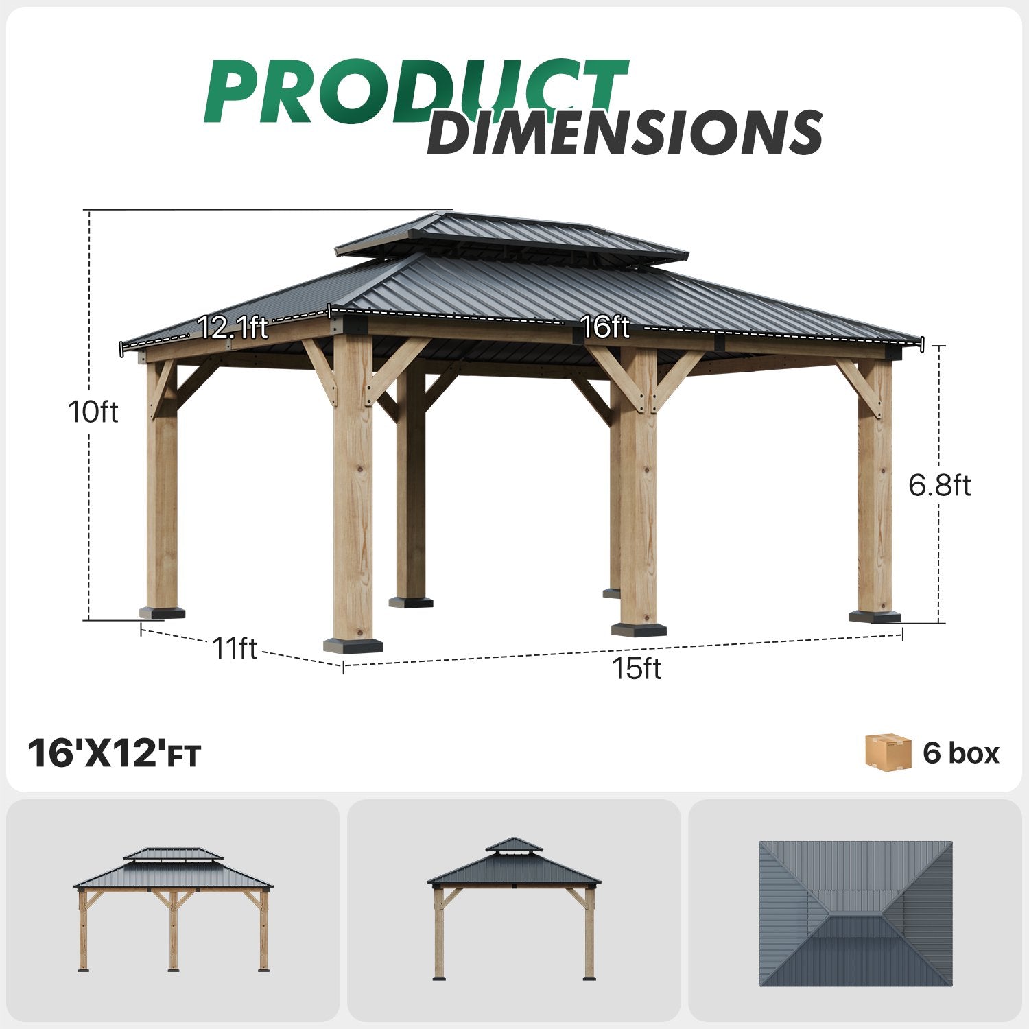 Clouddwell 12*16FT Upgraded Cedar Gazebo,Cedar Hard Roof Gazebo,with Double-Layer Galvanized Steel Roof,Suitable for Backyard,Desk,and Lawn.