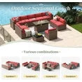 12 Piece Patio Furniture Set with 44” Fire Pit Table Wicker Rattan Outdoor Sectional Sofa Set with Coffee Table and 4” Thickened Cushions, Red (Waterproof Cover Included)