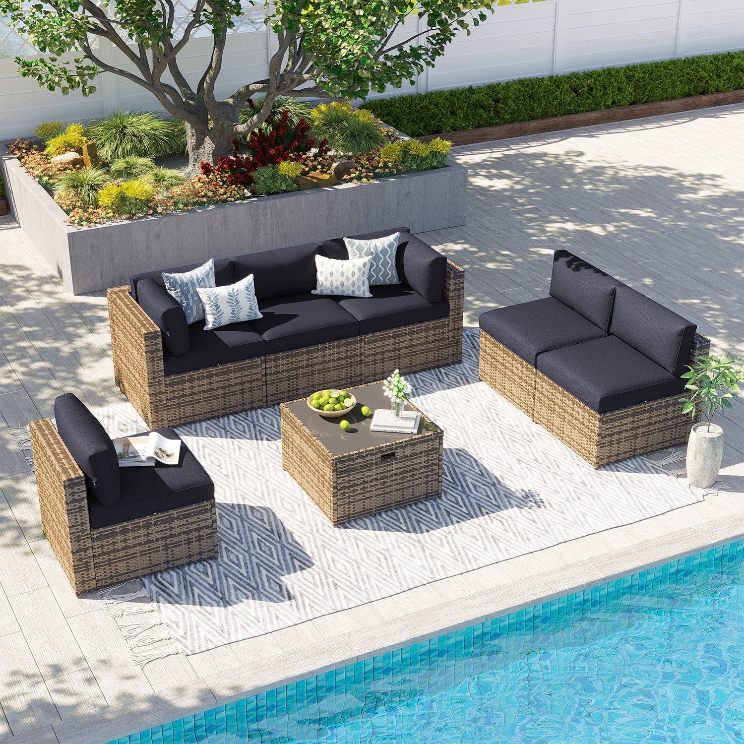 Clouddwell 7 Piece Patio Furniture Set Wicker Rattan Patio Conversation Set Outdoor Sectional Sofa Set with Coffee Table and Black Cushions(Waterproof Cover Included)