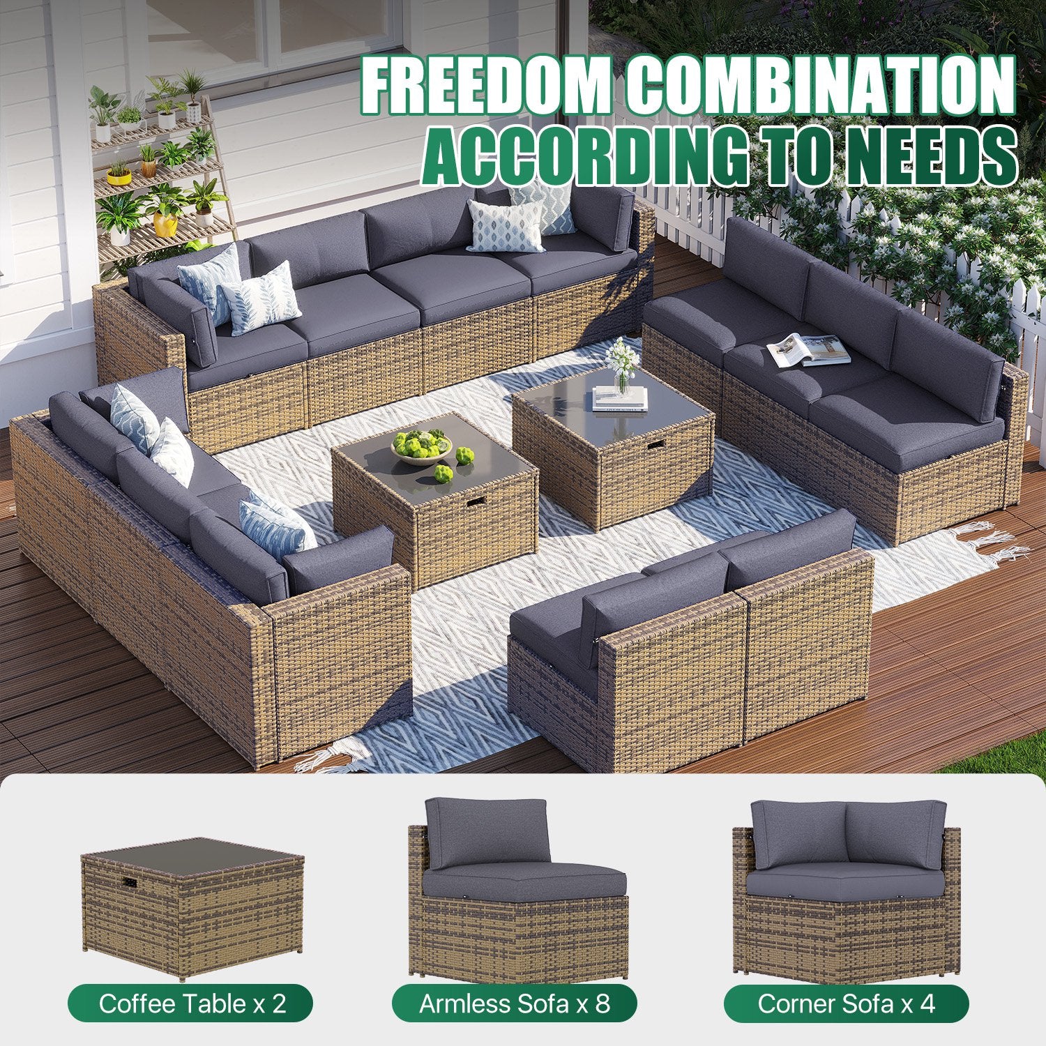 Clouddwell 14 Piece Patio Furniture Set Wicker Rattan Patio Conversation Set Outdoor Sectional Sofa Set with Coffee Table and Gray Cushions(Waterproof Cover Included)