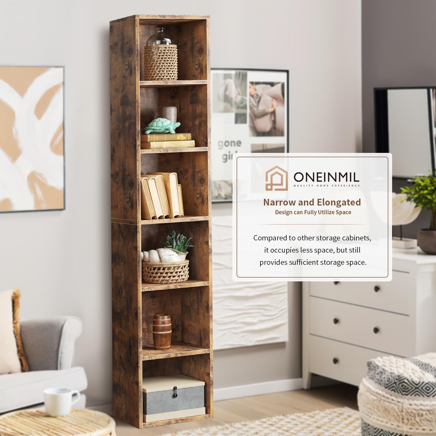 Tall Narrow Bookshelf Set of 2,6-Tier Cube Display Rack, Modern Corner Bookshelf with Storage Space, Storage Cabinet for Home Office,Brown