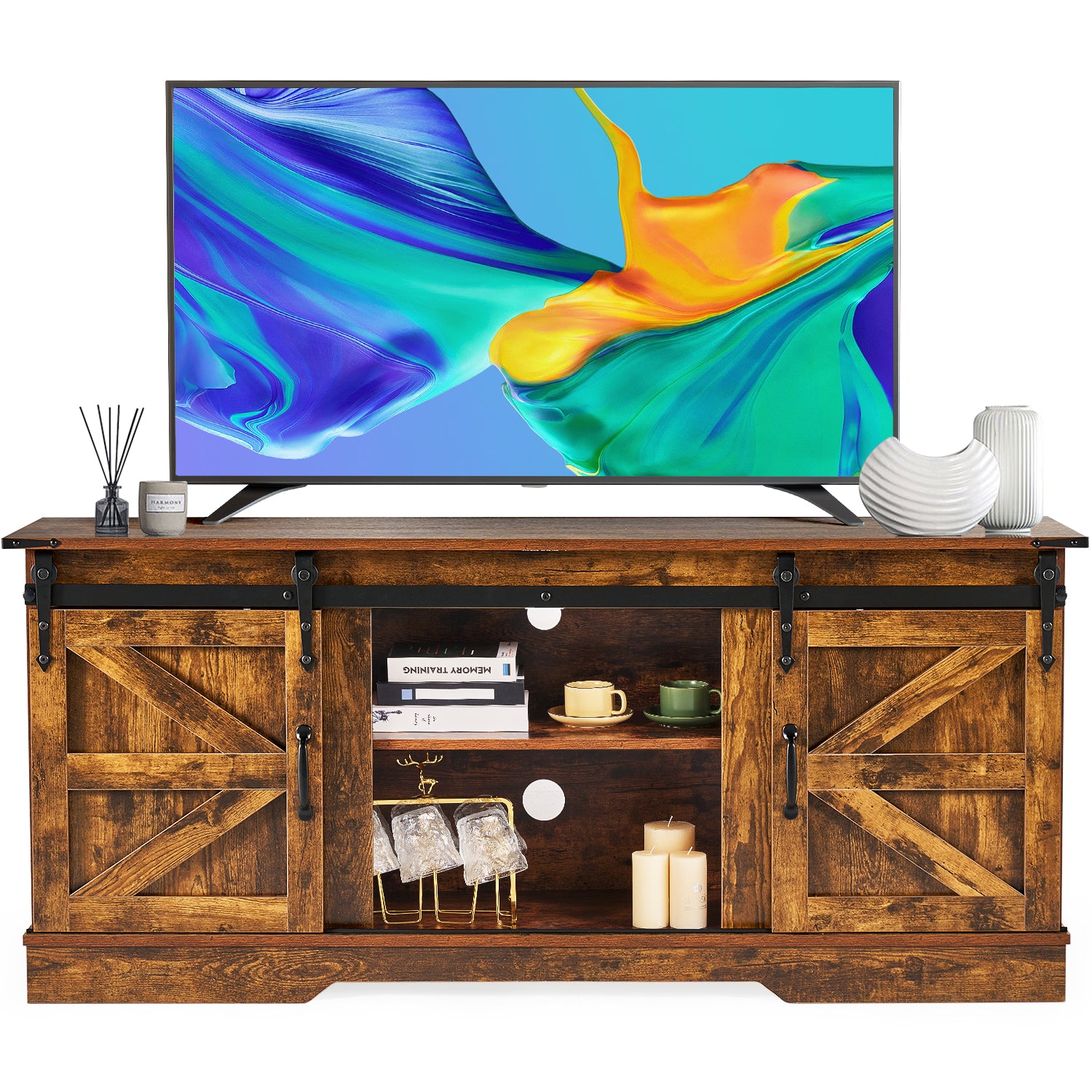 58" Farmhouse TV Stand for TVs up to 65", Sliding Track Doors and Thickened Base, Brown