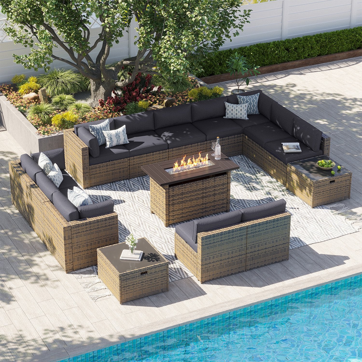 Clouddwell 15 Piece Patio Furniture Set with 44” Fire Pit Table Wicker Rattan Patio Conversation Set Outdoor Sectional Sofa Set with Coffee Table and Gray Cushions(Waterproof Cover Included)