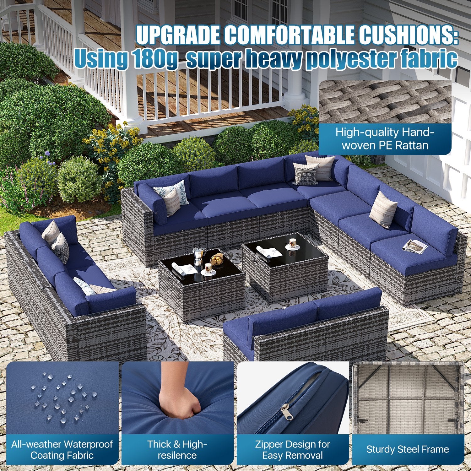 Sunmthink Patio Furniture Sets, 14-Piece Outdoor Patio Furniture with Thick Cushions, Wicker Outdoor Conversation Set and Waterproof Cover for Backyard, Poolside, Garden