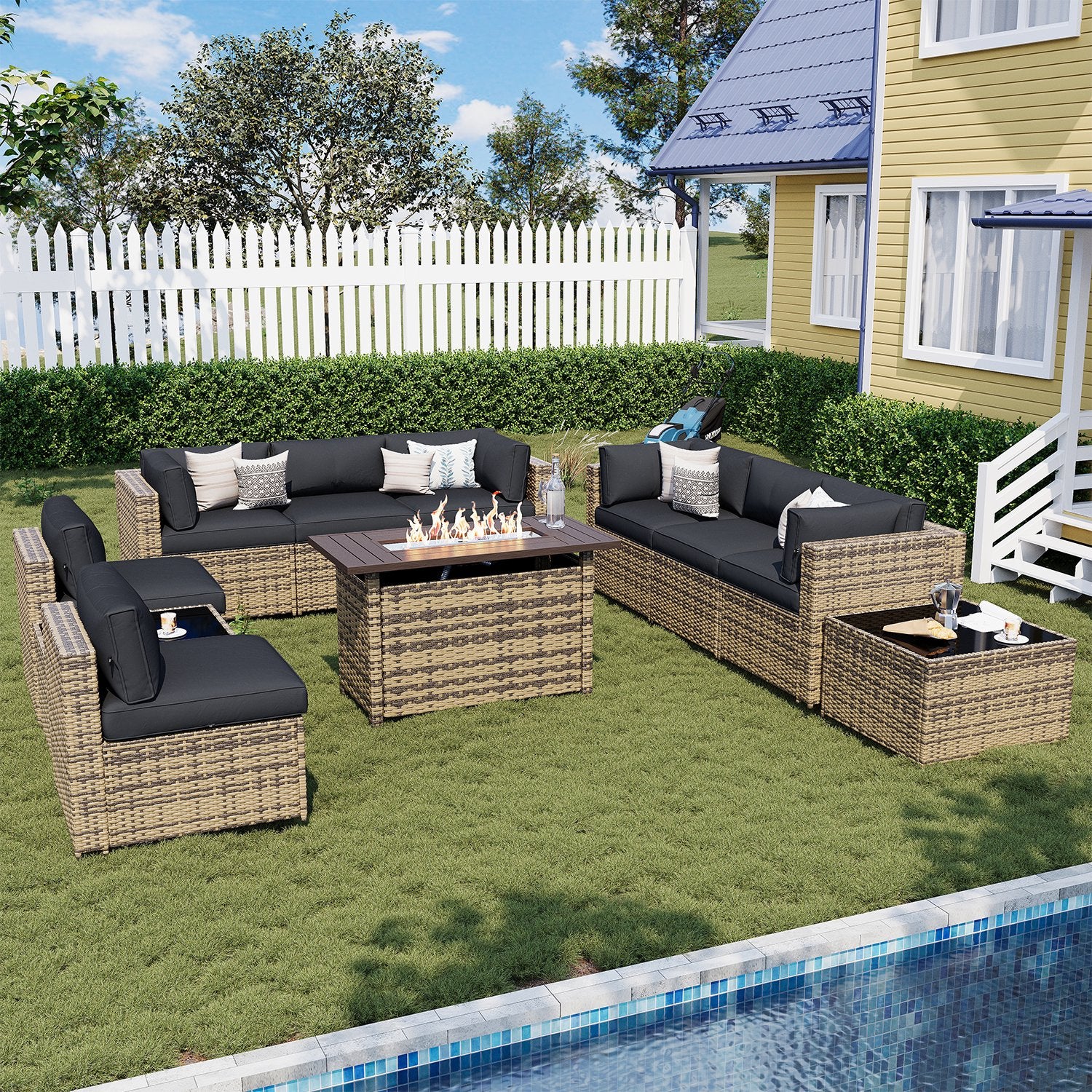 Sunmthink Patio Furniture Sets, 11-Piece Outdoor Patio Furniture with 44'' Propane Gas Firepit Table, Wicker Outdoor Conversation Set and Waterproof Cover for Backyard, Poolside, Garden