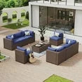 10 Piece Patio Furniture Set Wicker Rattan Patio Conversation Set Outdoor Sectional Sofa Set with Coffee Table and 4” Thickened Cushions, Blue(Waterproof Cover Included)