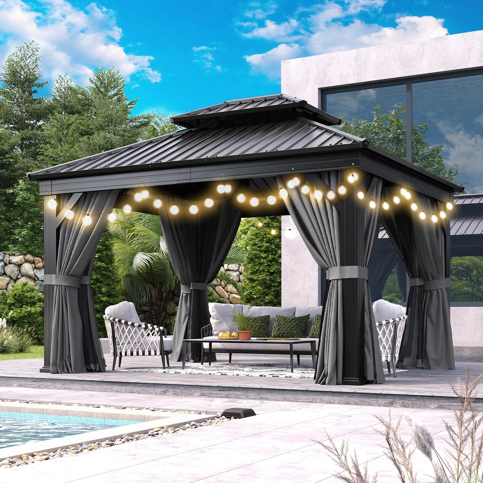 10' X 12' Hardtop Gazebo, Aluminum Outdoor Gazebo with Galvanized Steel Double Roof Canopy, Permanent Metal Gazebo with Curtain and LED Outdoor Waterproof Hanging Lights, Square Foundation