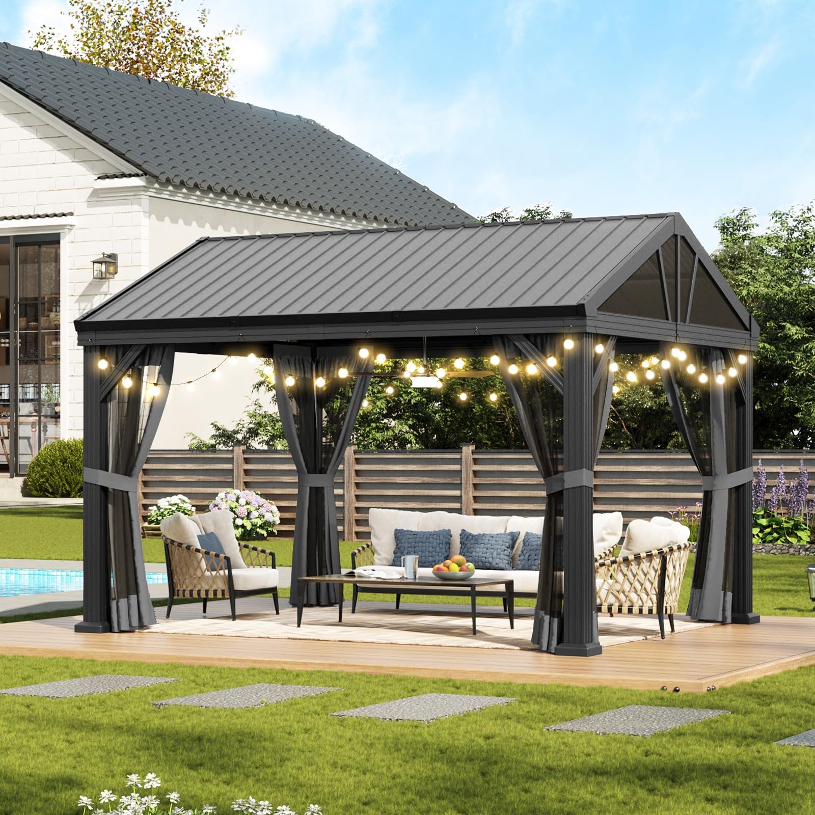 10' X 12' Hardtop Gazebo, Aluminum Outdoor Gazebo with Galvanized Steel Gable Roof Canopy, Patio Permanent Metal Gazebo Pavilion and LED Outdoor Waterproof Hanging Lights, for Garden, Deck