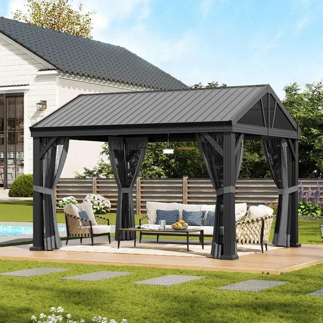 10' X 12' Hardtop Gazebo, Aluminum Outdoor Gazebo with Galvanized Steel Gable Roof Canopy, Patio Permanent Metal Gazebo Pavilion with Netting, for Garden, Backyard, Deck