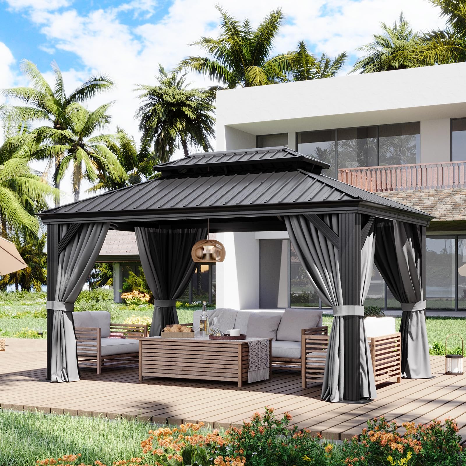 10' X 14' Hardtop Gazebo with Drainage System, Aluminum Outdoor Gazebo with Galvanized Steel Double Roof, Patio Permanent Metal Gazebo Pavilion with Netting, for Garden, Deck, Grey
