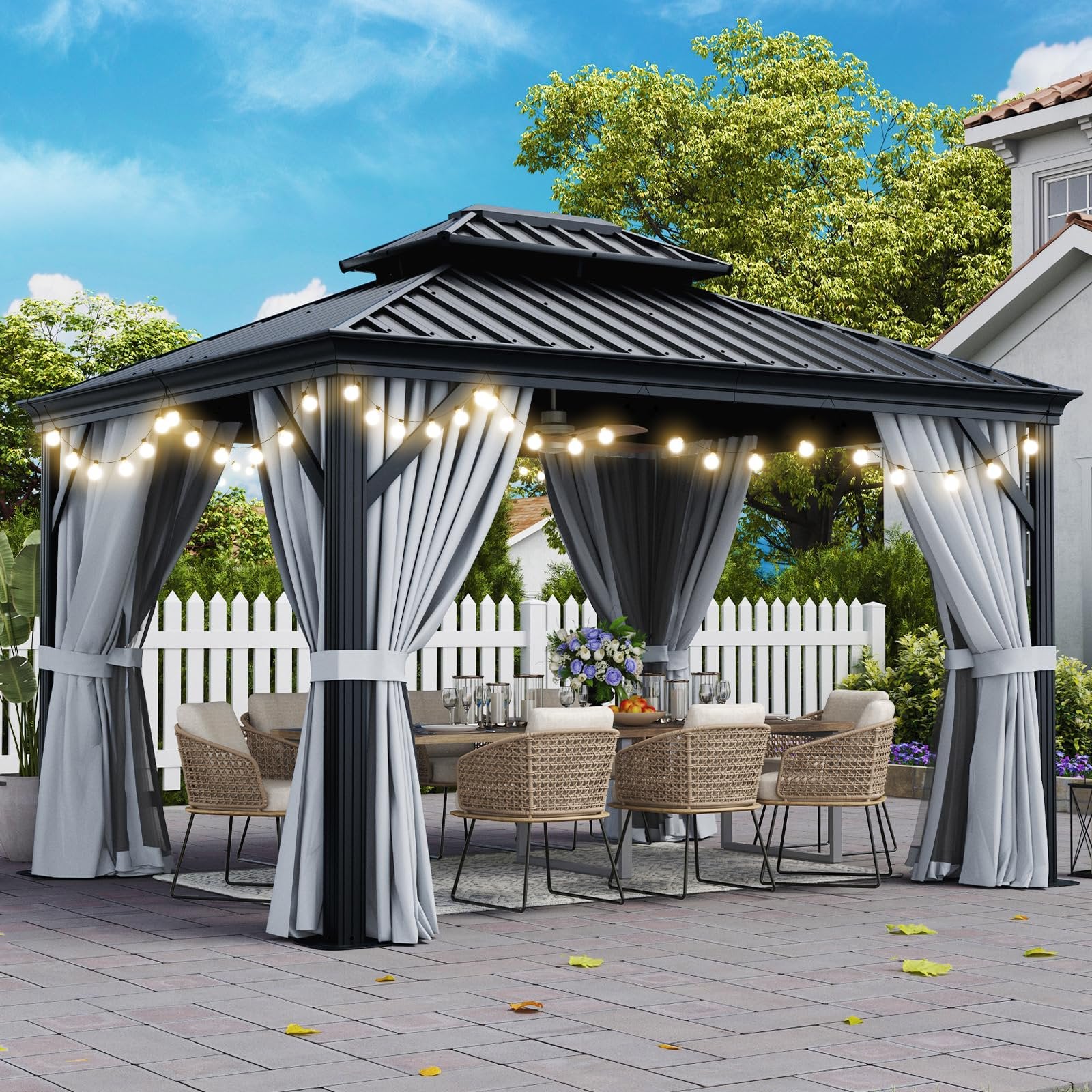 10' x 12' Hardtop Gazebo, Galvanized Steel Double Top, Permanent Aluminum Gazebo, Outdoor Metal Gazebo with Privacy Curtains and LED Outdoor Waterproof Hanging Lights, for Party, Garden, Deck