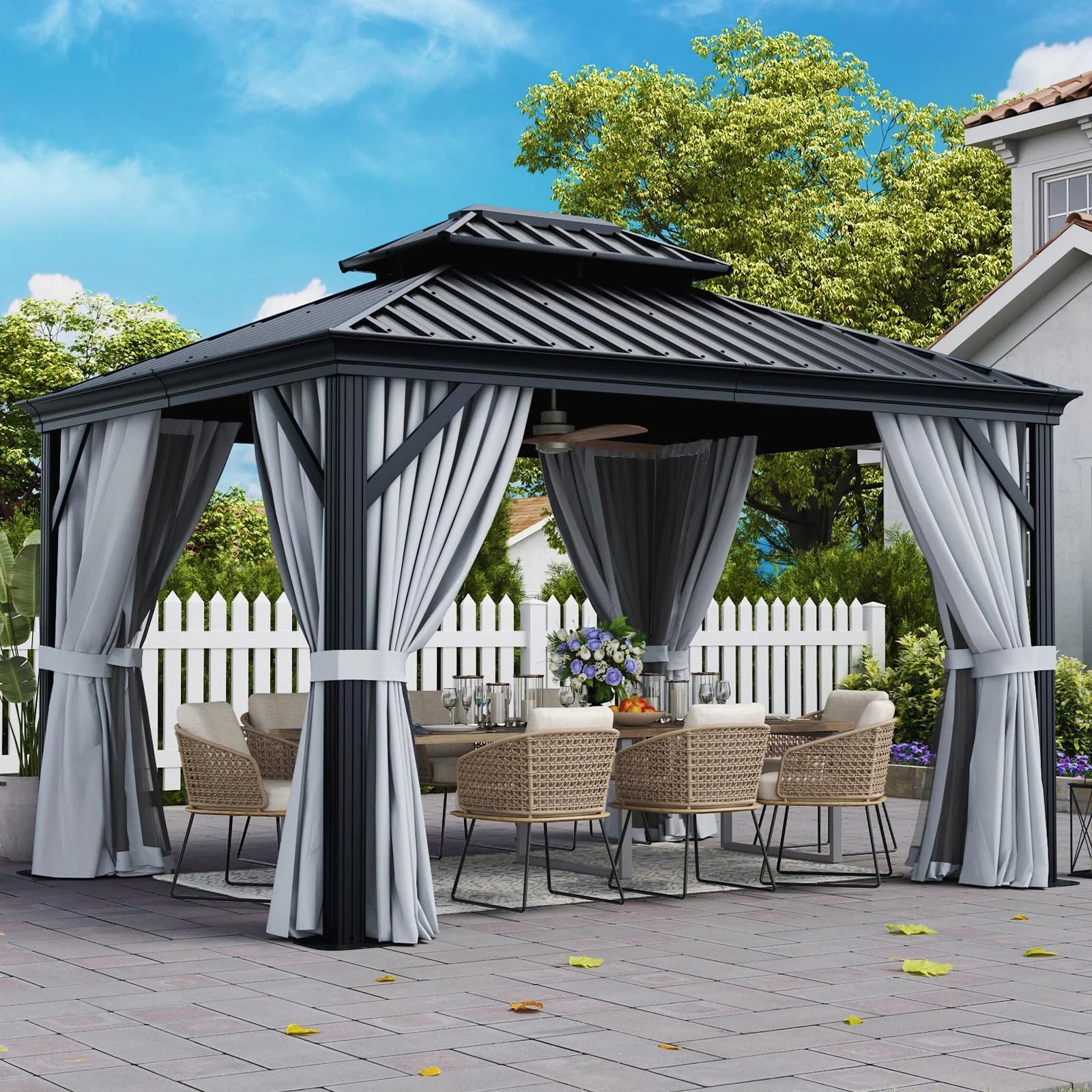 10' x 12' Hardtop Gazebo, Galvanized Steel Double Top, Permanent Aluminum Gazebo, Outdoor Metal Gazebo with Privacy Curtains and Mosquito Netting, for Parties, Gardens, Decks, Patios, Lawns