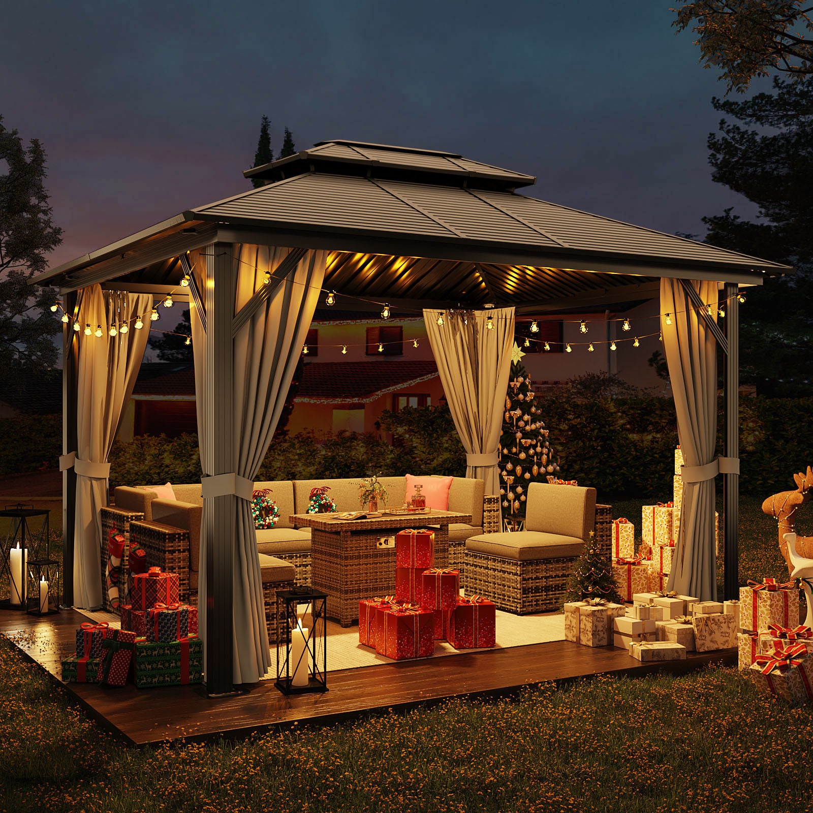 10’ x 12’ Hardtop Gazebo, Outdoor Aluminum Frame Double Roof Patio Gazebo with Netting and Curtains for Backyards, Gardens and Lawns, Gray