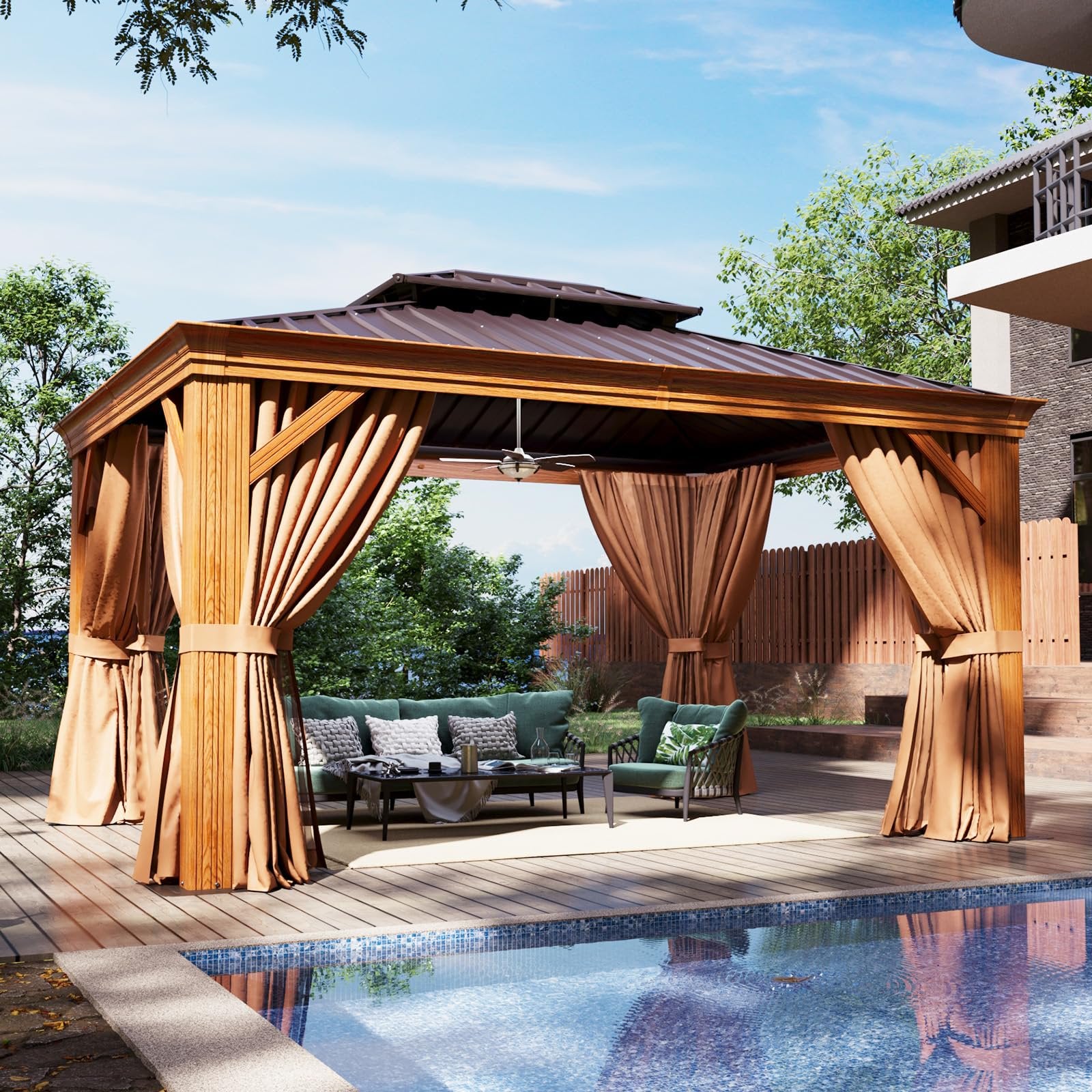 10' x 12' Hardtop Gazebo, Wooden Finish Coated Aluminum Frame Canopy, Galvanized Steel Double Top, Outdoor Permanent Metal Pavilion with Curtains and Netting, for Backyard, Patio and Deck