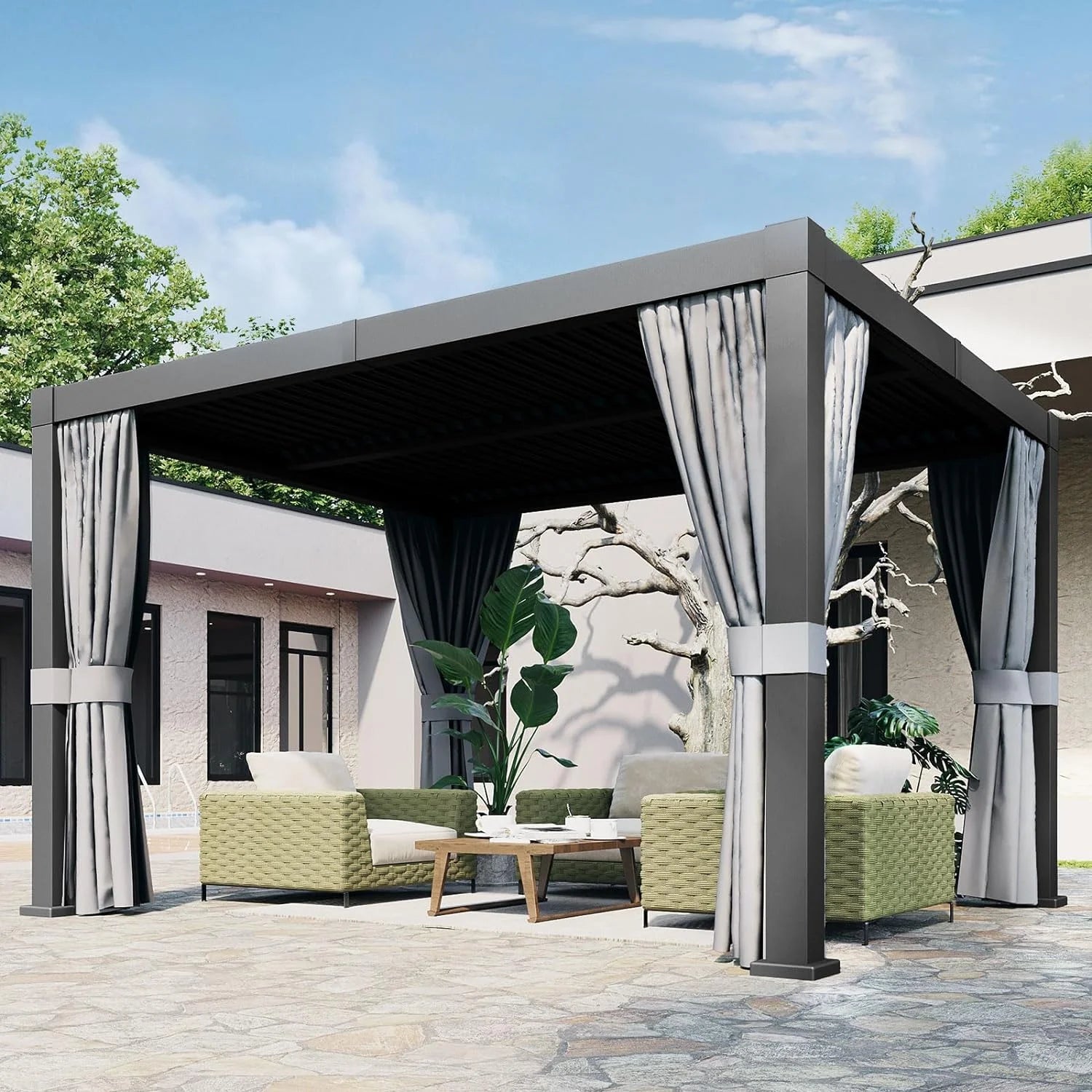 10' x 12' Louvered Pergola, Outdoor Aluminum Pergola with Adjustable