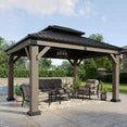 10' x 12' Outdoor Wood Gazebo, Hardtop Gazebo Permanent Wooden Pavilion with Galvanized Steel Double Roof, for Patio, Garden, Deck, Cedar Wood