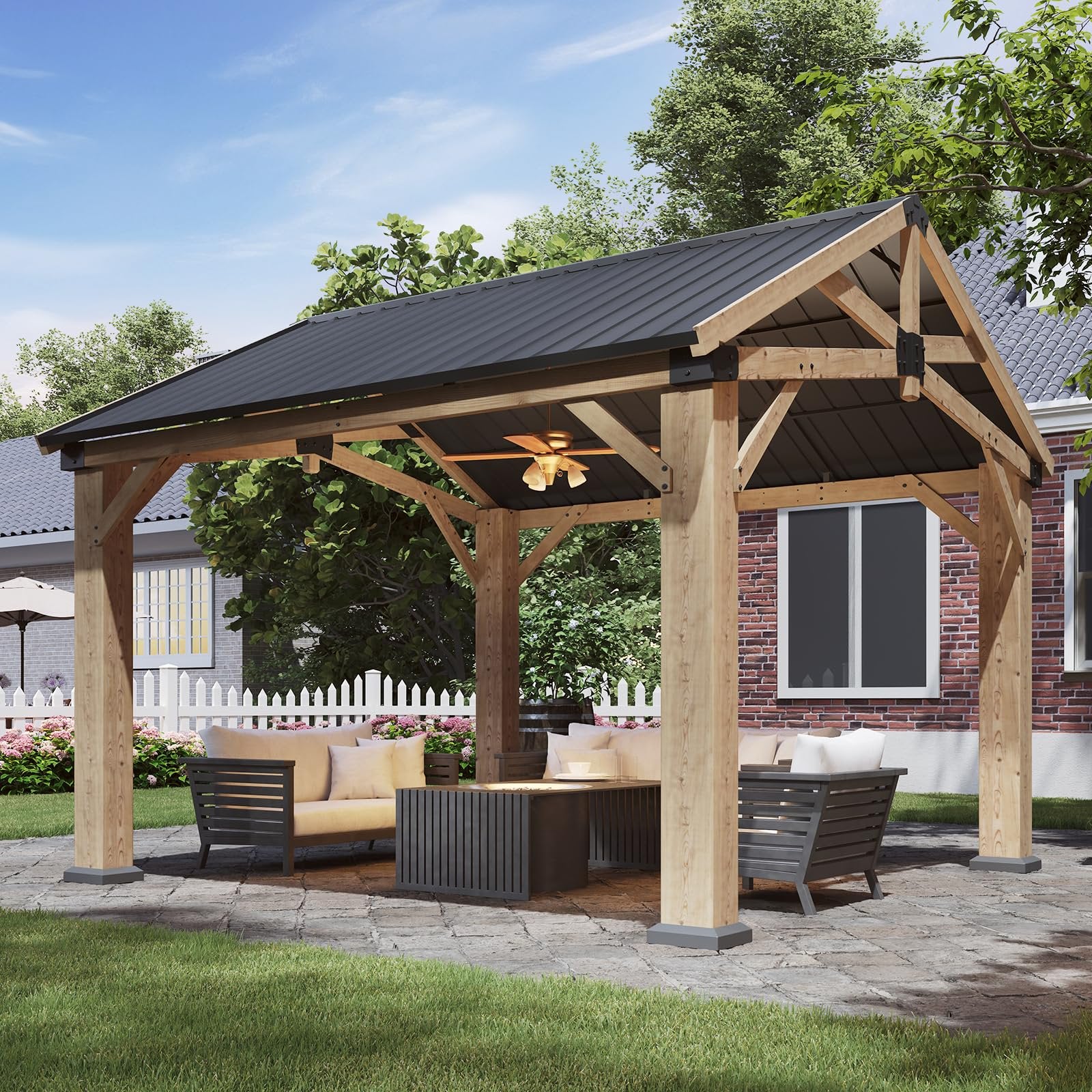 10' x 12' Outdoor Wood Gazebo, Hardtop Gazebo Permanent Wooden Pavilion with Galvanized Steel Gable Roof, for Patio, Garden, Deck, Cedar Wood