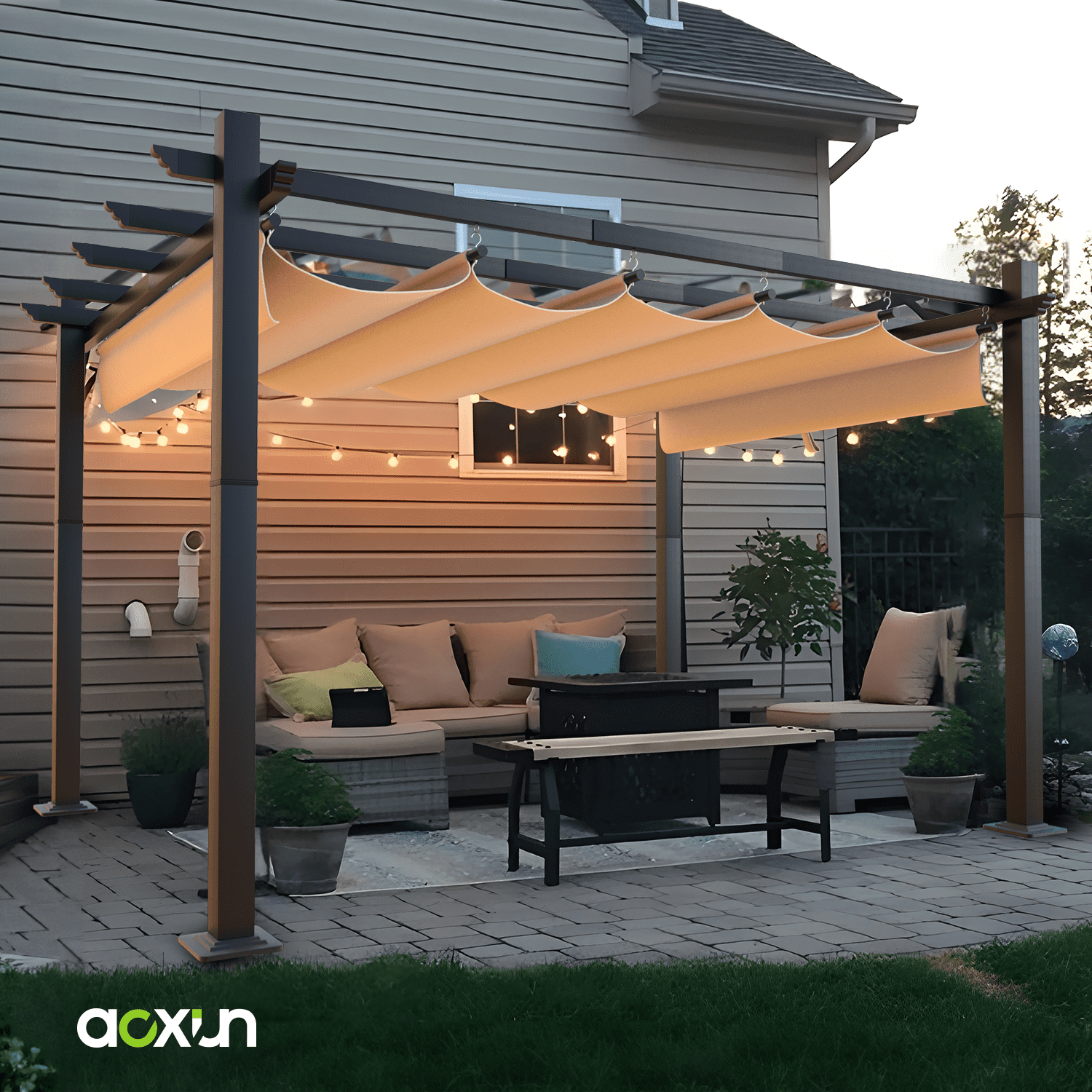 10'x12' Outdoor Retractable Pergola, with Sun-Proof Canopy, Patio Metal Pergolas Gazebos for Backyards, Gardens, Patios, Beige