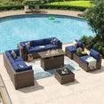 11 Piece Patio Furniture Set with 44” Fire Pit Table Wicker Rattan Outdoor Sectional Sofa Set with Coffee Table and 4” Thickened Cushions, Blue (Waterproof Cover Included)
