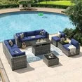 11 Piece Patio Furniture Set with 44” Fire Pit Table Wicker Rattan Outdoor Sectional Sofa Set with Coffee Table and 4” Thickened Cushions, Blue (Waterproof Cover Included)