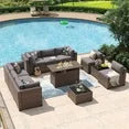 11 Piece Patio Furniture Set with 44” Fire Pit Table Wicker Rattan Outdoor Sectional Sofa Set with Coffee Table and 4” Thickened Cushions, Gray (Waterproof Cover Included)